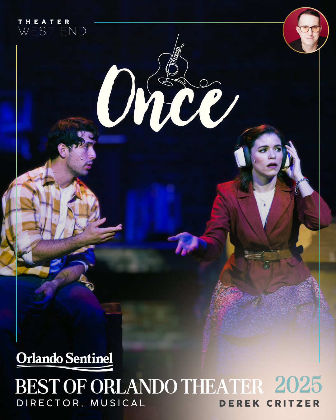 Poster for the Orlando Sentinel Best of Orlando Theater 2024 featuring a woman in a white dress standing by a vintage microphone, with a blue and purple background and the text promoting Lady Day at Emerson's Bar and Grill, directed by Ayofemi Demps.