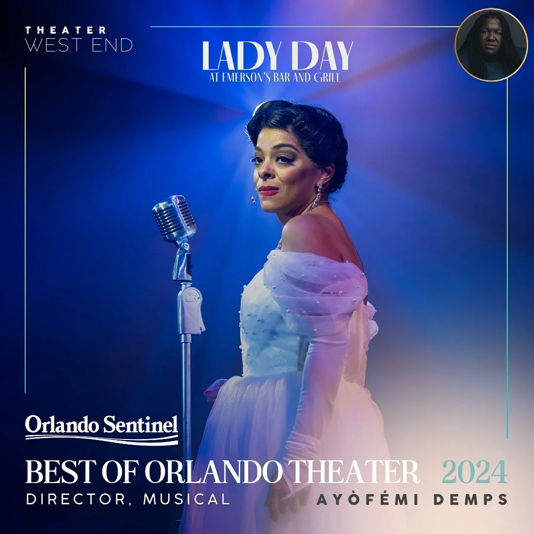 Poster for the Orlando Sentinel Best of Orlando Theater 2024 featuring a woman in a white dress standing by a vintage microphone, with a blue and purple background and the text promoting Lady Day at Emerson's Bar and Grill, directed by Ayofemi Demps.