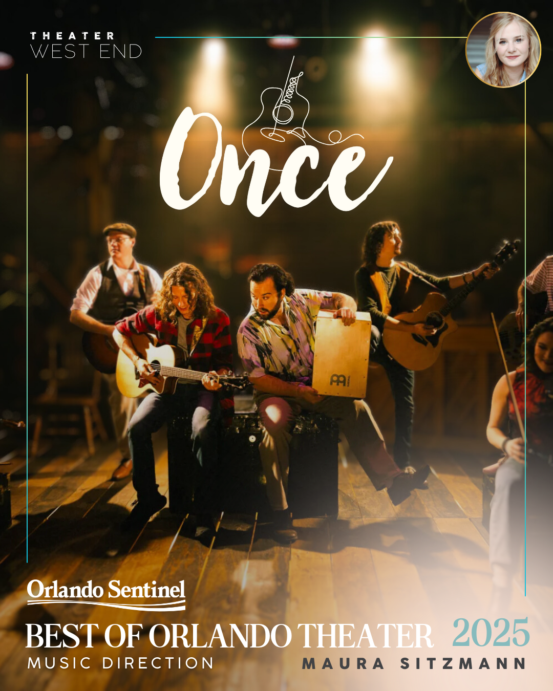 Promotional poster for the Orlando Sentinel's Best of Orlando Theater 2024, featuring a scene from the play 'To Kill a Mockingbird' at Theater West End with two children and a woman in a dramatic moment, and small inset photos of Tara Kromer and Michael Morman.