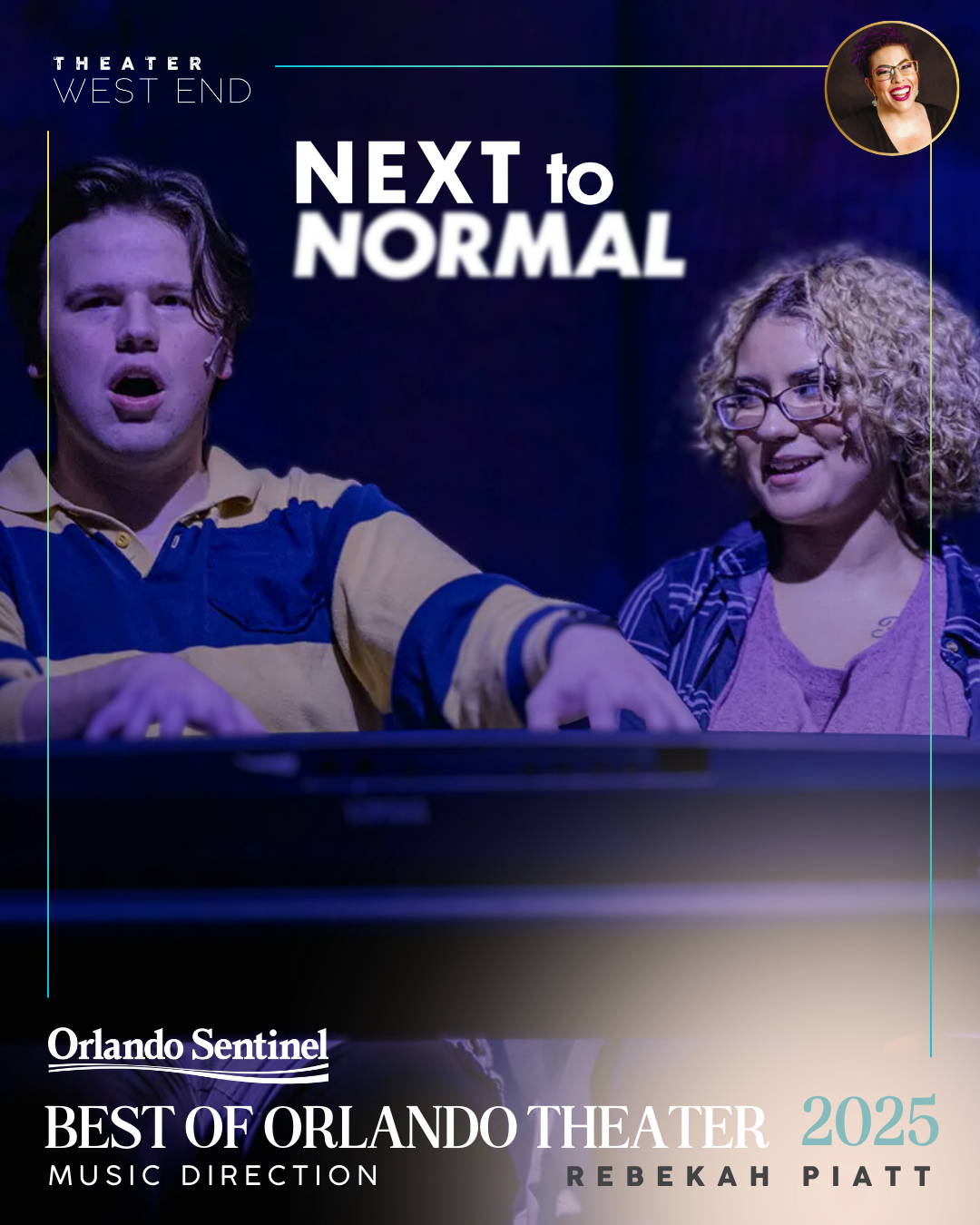 Poster for a theater production featuring two women, one with curly dark hair wearing a colorful floral shirt and apron, and the other with curly red hair in a pink satin robe, in a room with a tree and artistic decorations. The text highlights 'Best of Orlando Theater 2024' and 'Laurel Hatfield' for direction and comedy.