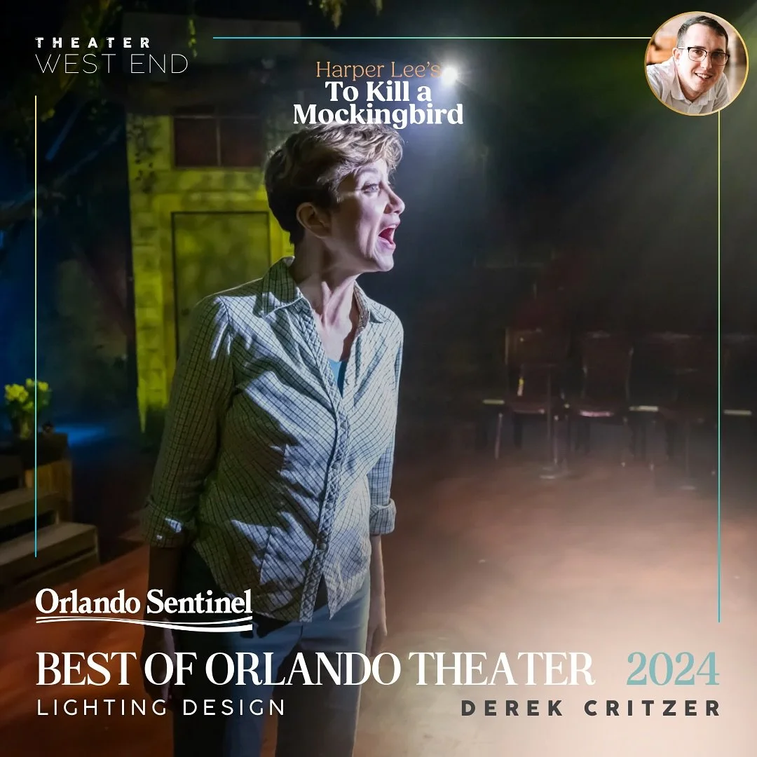 A woman on stage with a theatrical backdrop, likely in a theater, with text indicating the play 'To Kill a Mockingbird' and awards for Orlando Sentinel's best of Orlando theater 2024.