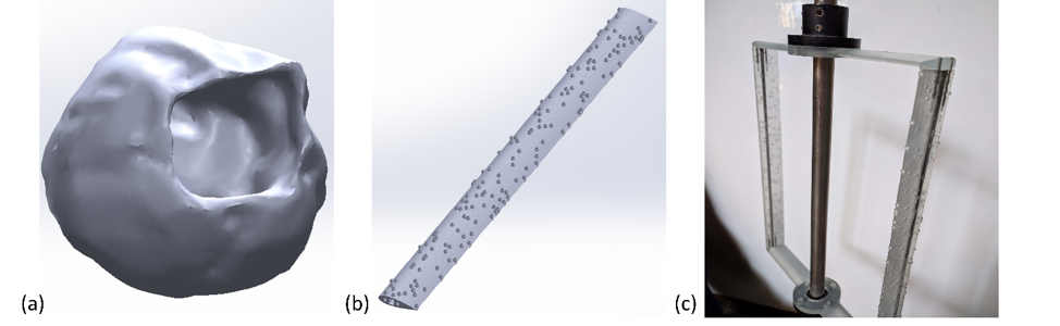 (a) Three-dimensional barnacle scan used to generate fouling model. (b) CAD model of “fouled” turbine blade covered in barnacles. (c) Fully assembled turbine showing blades and struts fabricated using additive manufacturing.