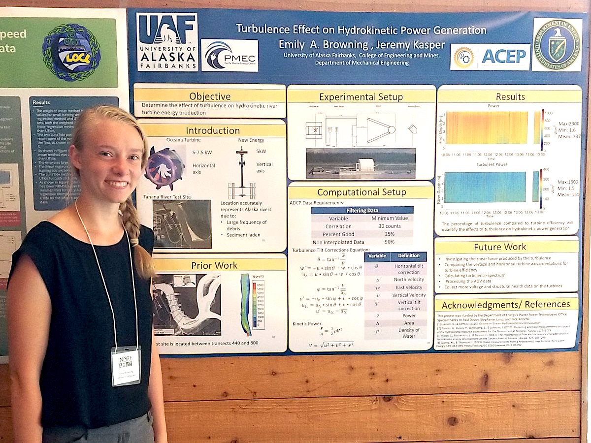 Emily Browning presenting her poster on hydrokinetic river turbines in Alaska at the 2019 International Network on Offshore Renewable Energy Symposium in Victoria, Canada.