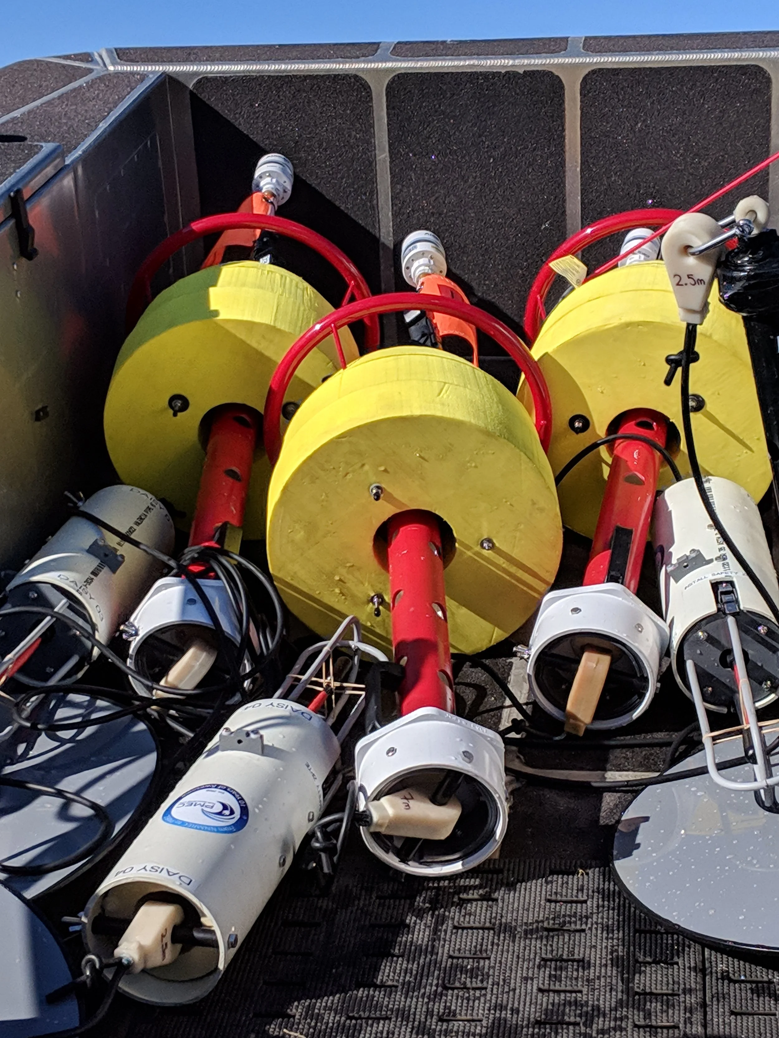 Prototype Drifting Acoustic Instrumentation SYstems (DAISYs) being tested at Pacific Northwest National Laboratory’s Marine Science Laboratory in Sequim, WA.