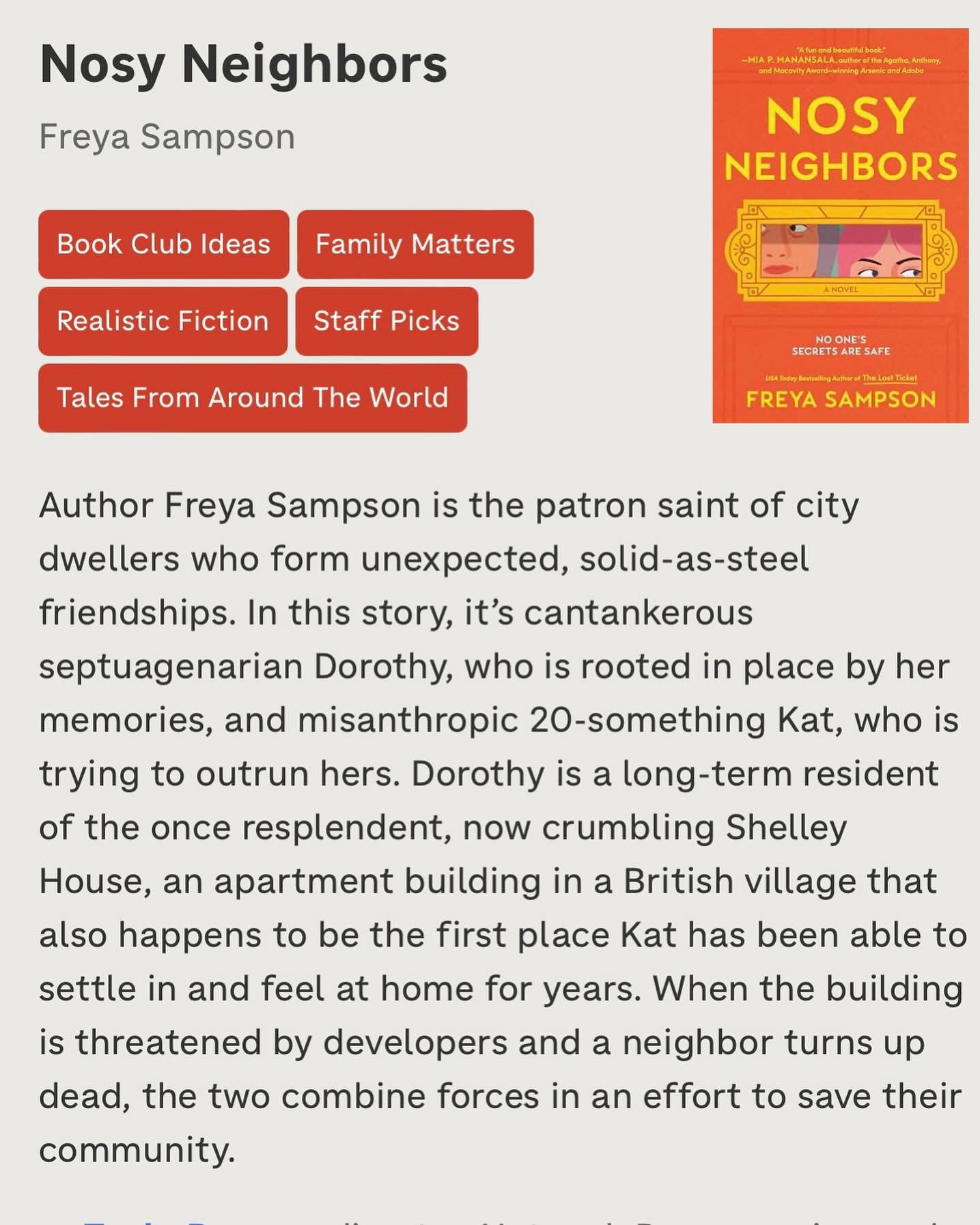 Might have &ldquo;patron saint of city dwellers who form unexpected, solid-as-steel friendships&rdquo; as my new email signature! Massive thanks to @npr for including Nosy Neighbors in your 2024 &ldquo;Books We Love&rdquo; list, alongside some of my 