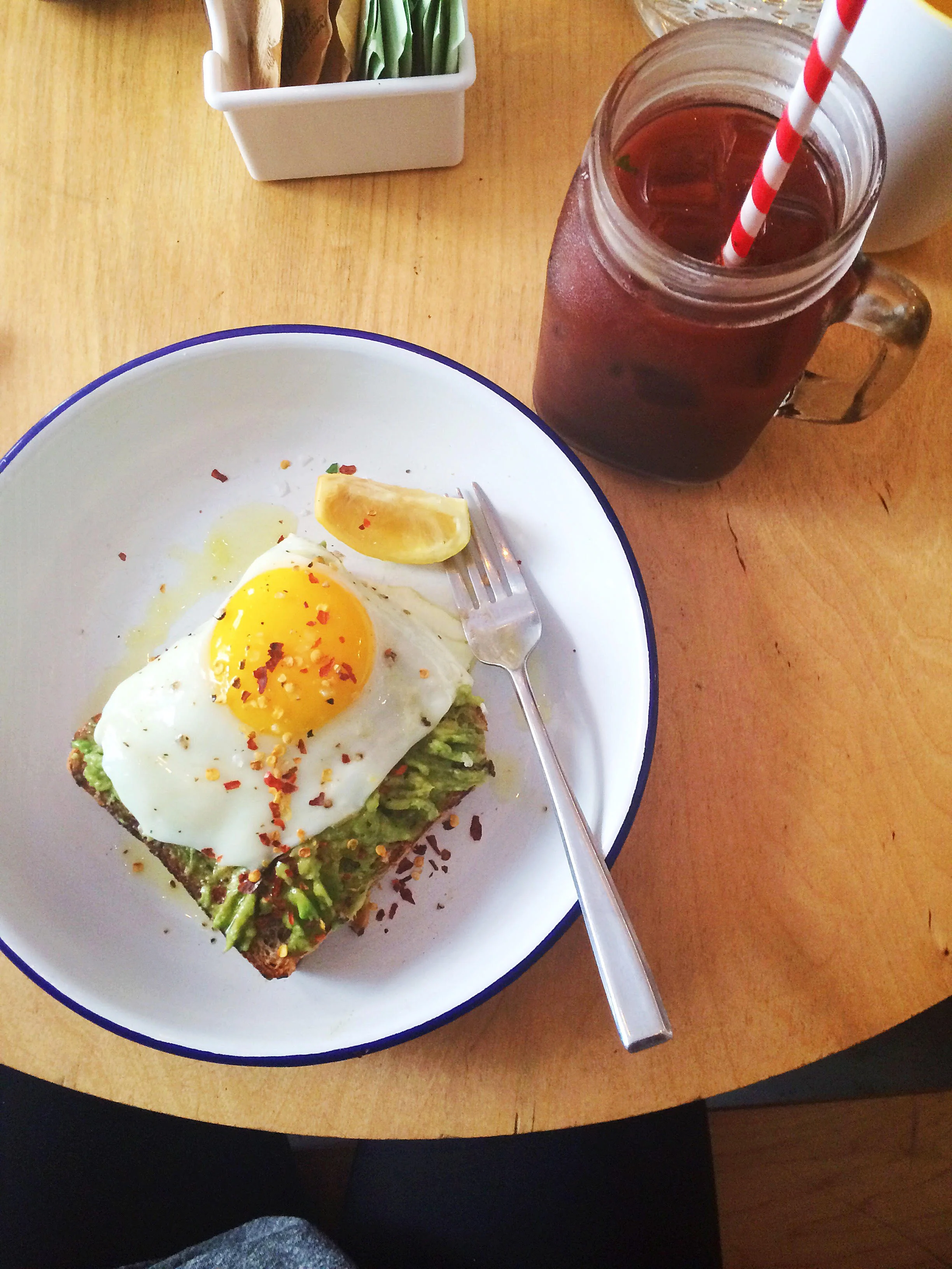 Smashed avocado, chili flakes, olive oil, lemon on bien cuit wholegrain pullman