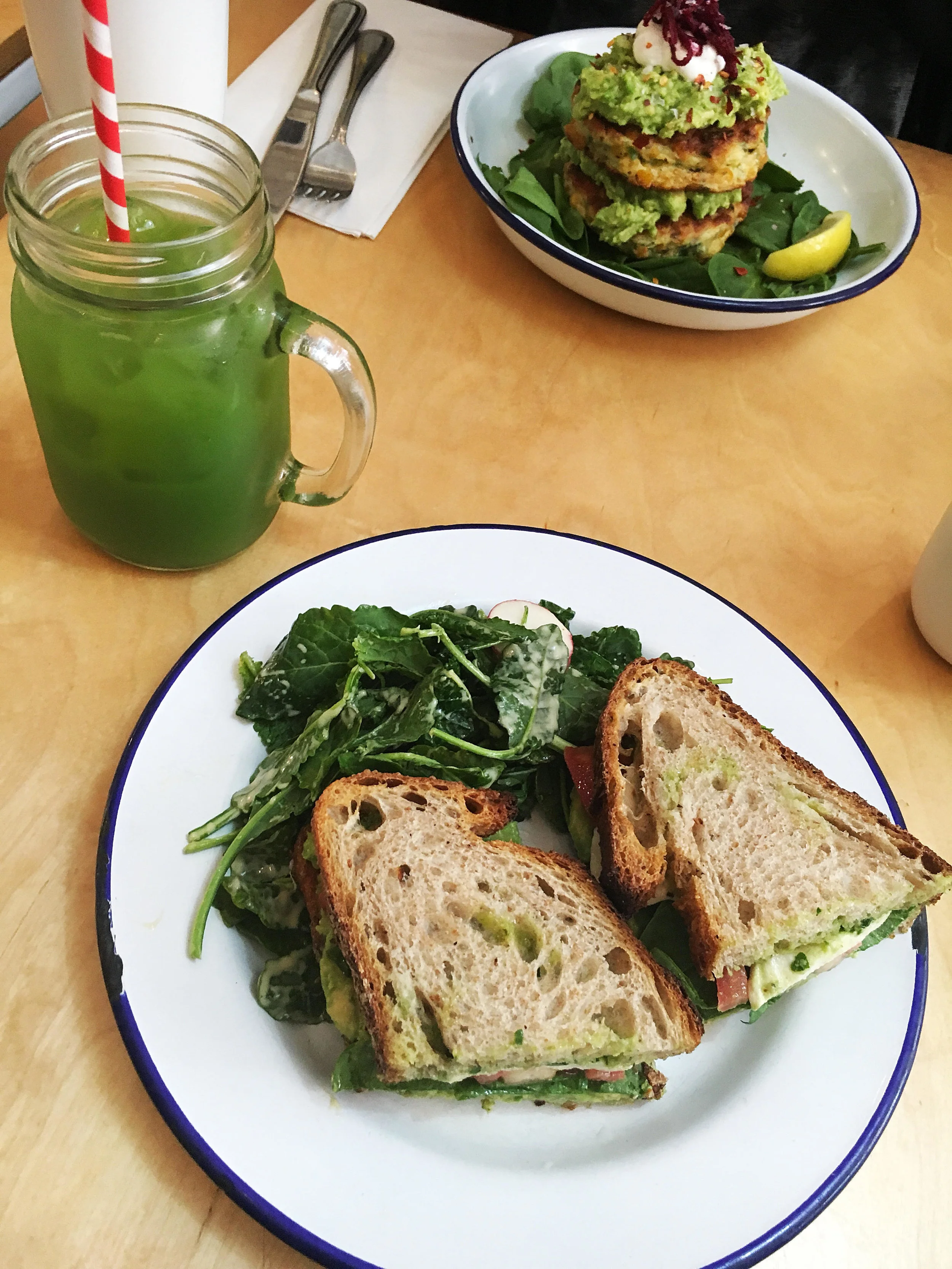 Verona sandwich: fresh tomato, avocado, watercress, mozzarella with basil pesto on bien cuit sourdough w/ side salad