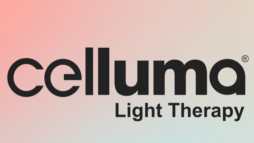 Logo for Celluma Light Therapy against a pastel background.