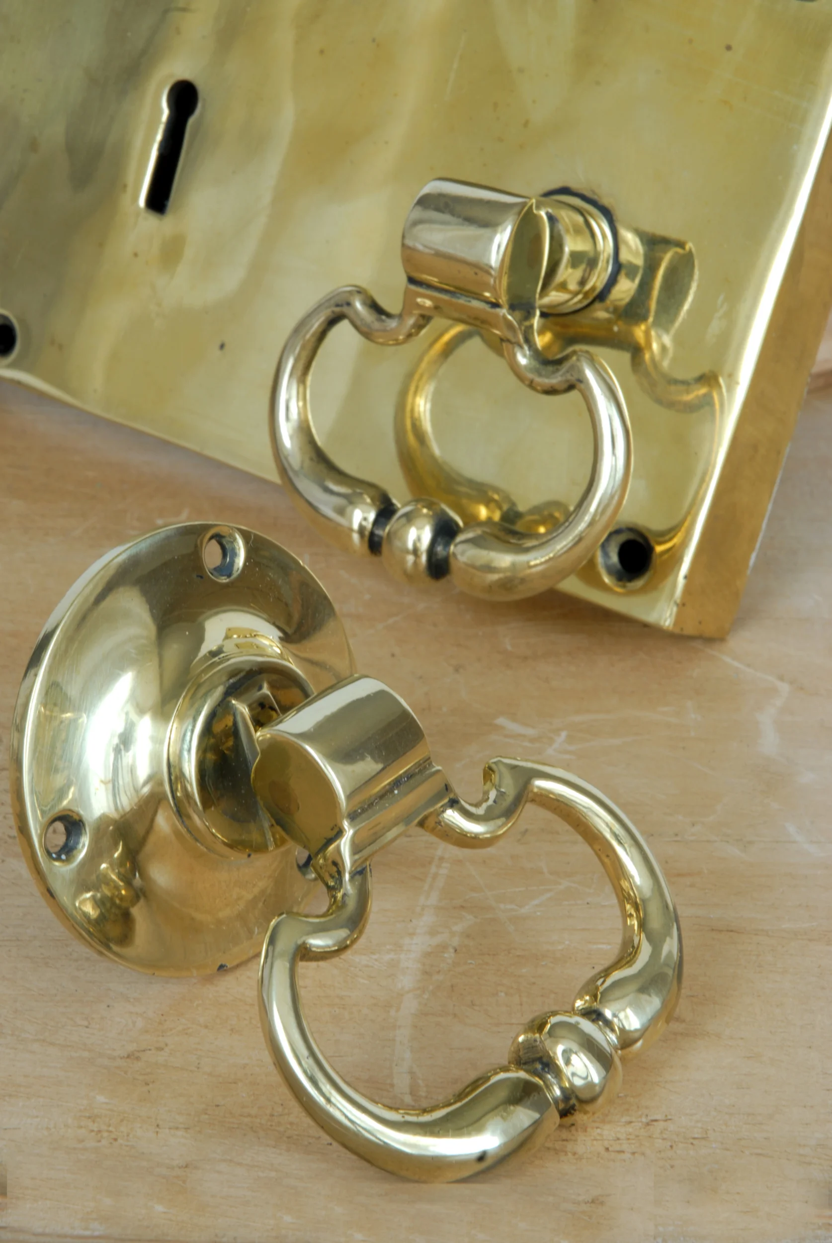 173 Late 1900's Brass Rim Lock Set Close Up Handles.JPG