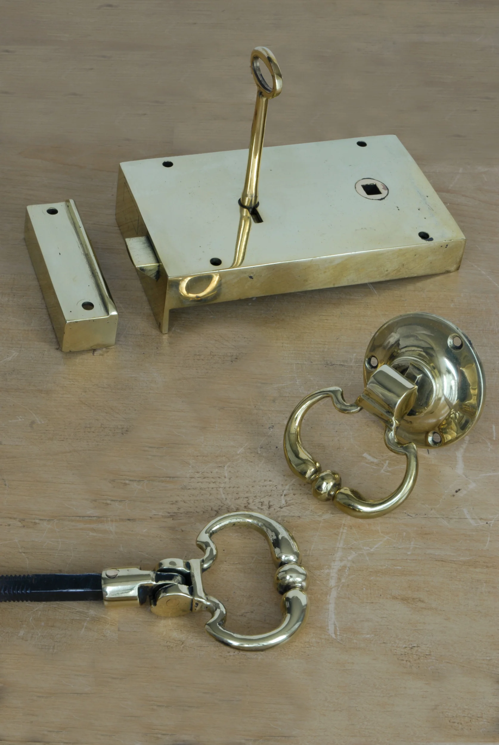 173 Late 1900's Brass Rim Lock Set Aerial View.JPG