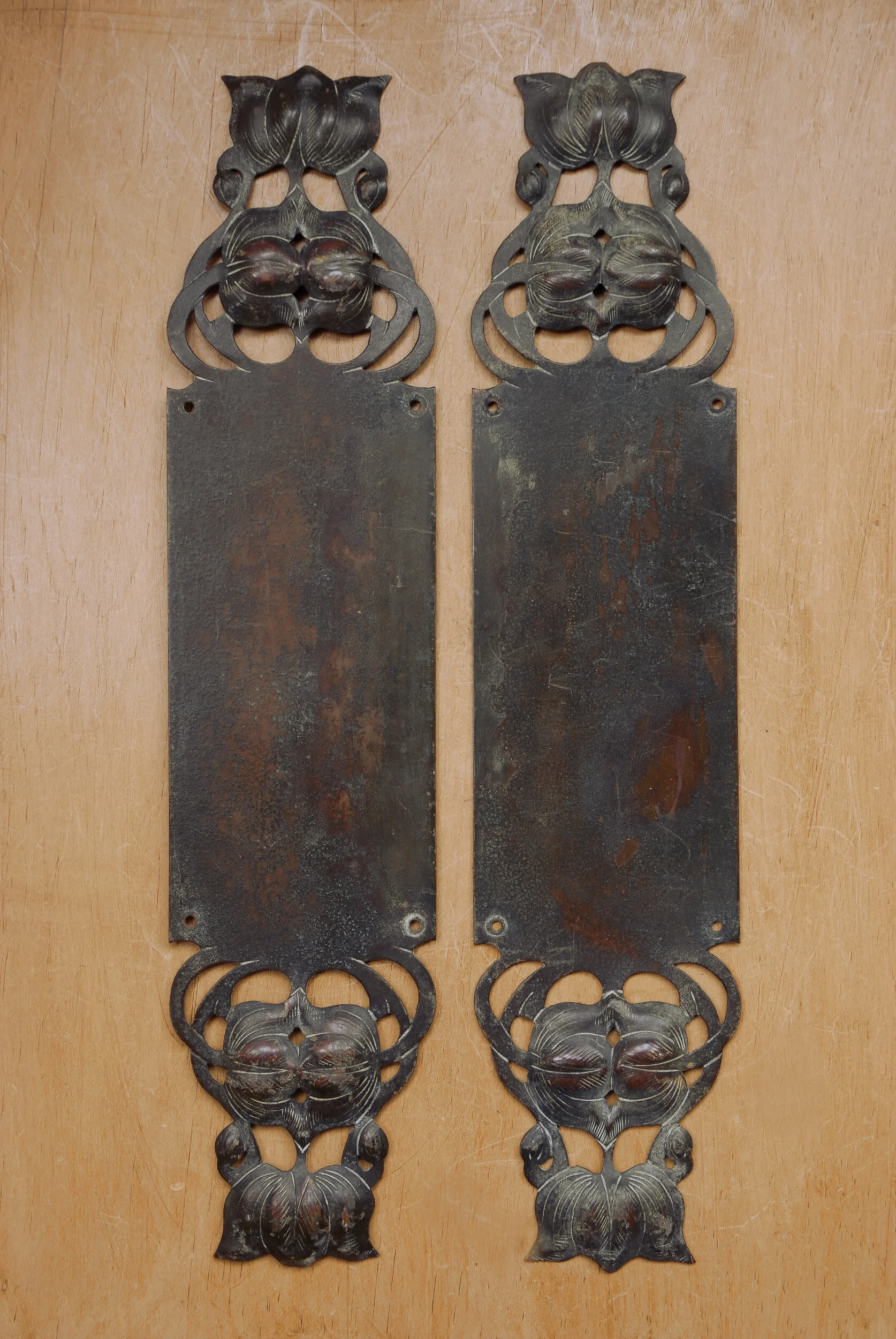 Pair Of Antique Patina Fingerplates 14"