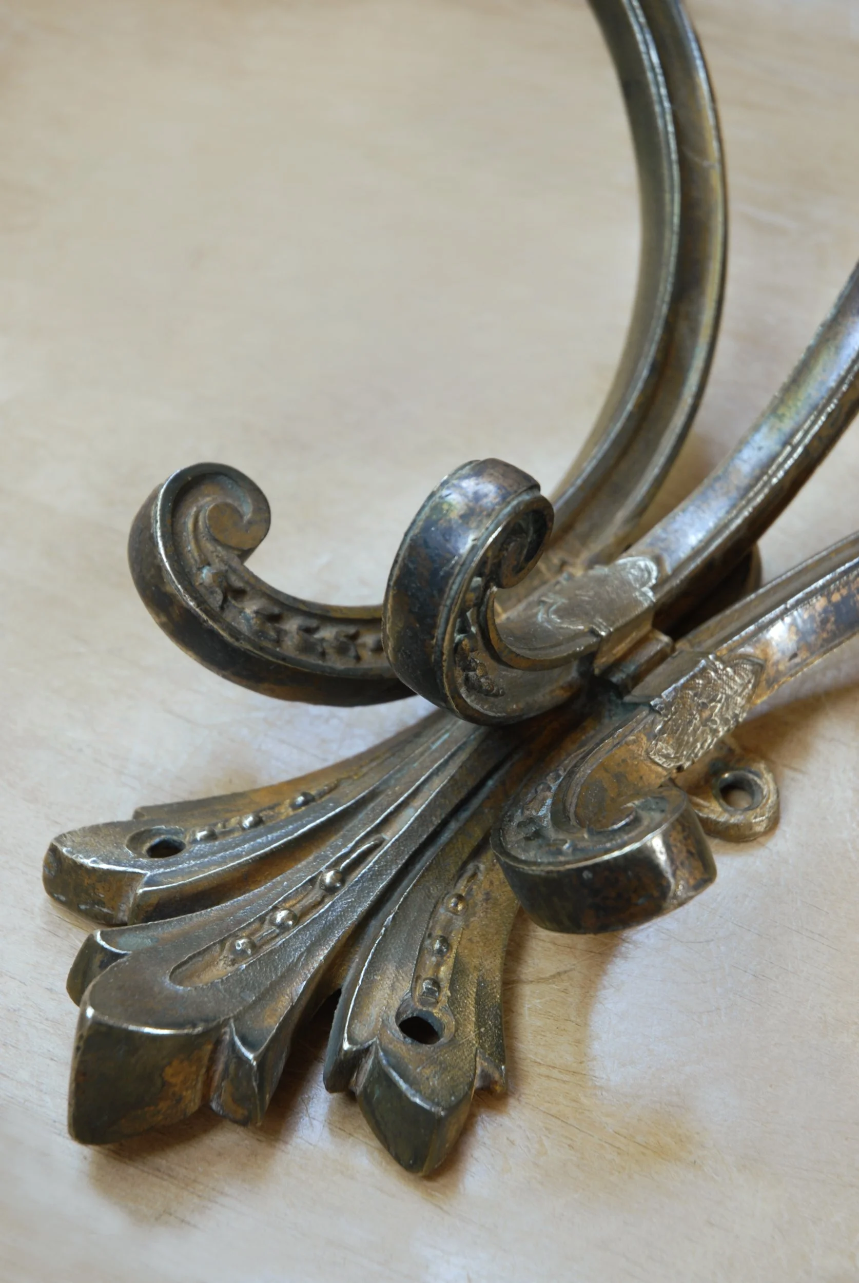 SIZED 1402 Antique Cast Gilt Brass Hook.JPG