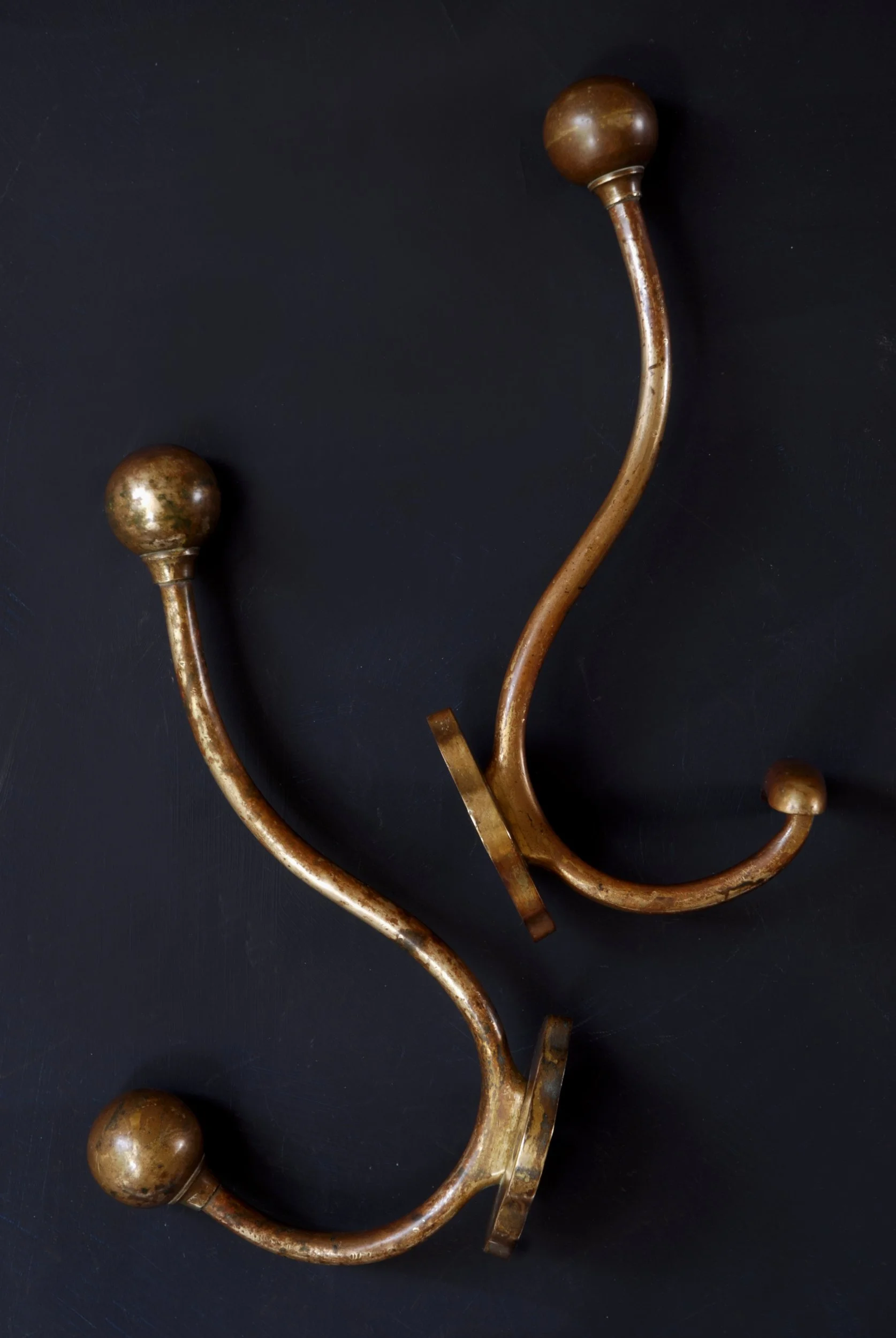 SIZED 1564 Antique Pair Brass Coat Hooks.JPG