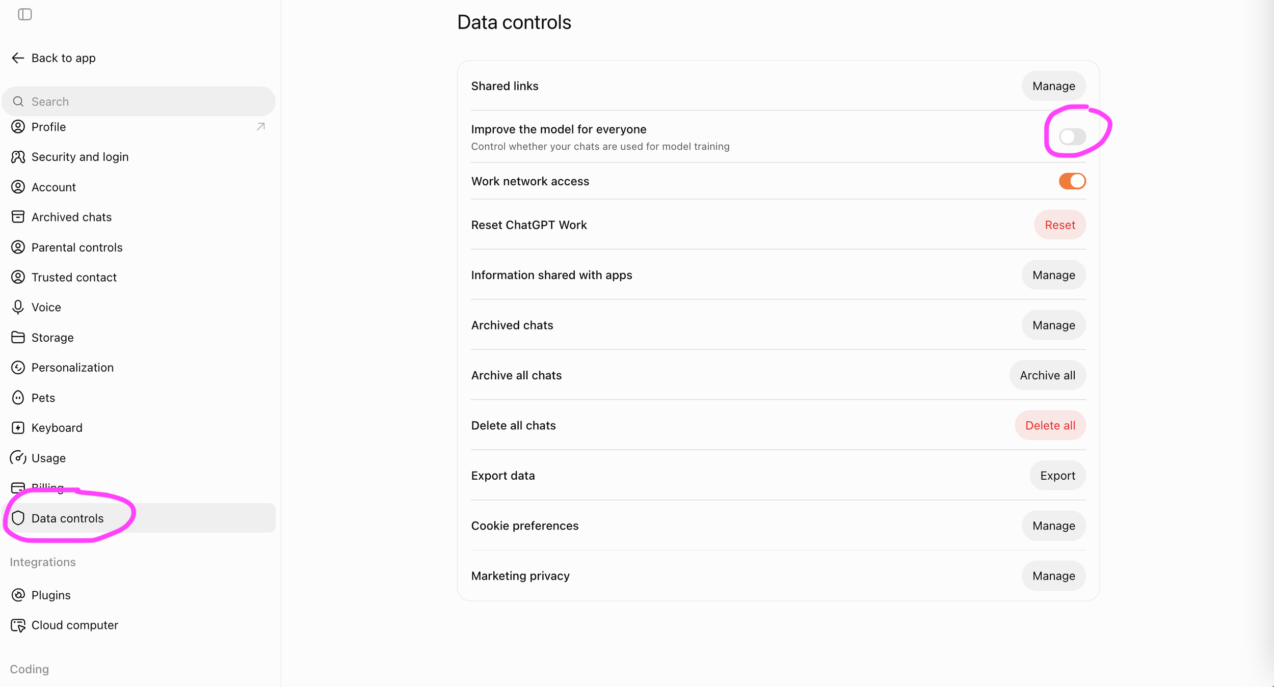 screenshot showing where to turn off data sharing in ChatGPT.