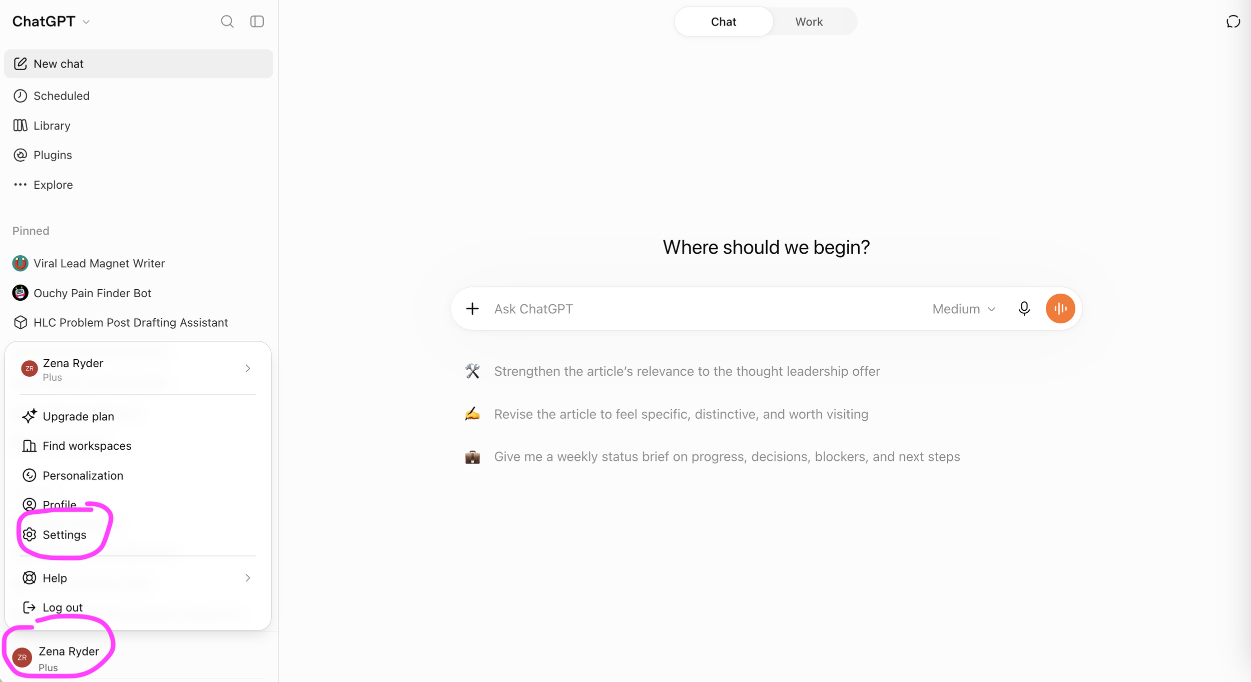 screenshot showing where to find settings in ChatGPT.
