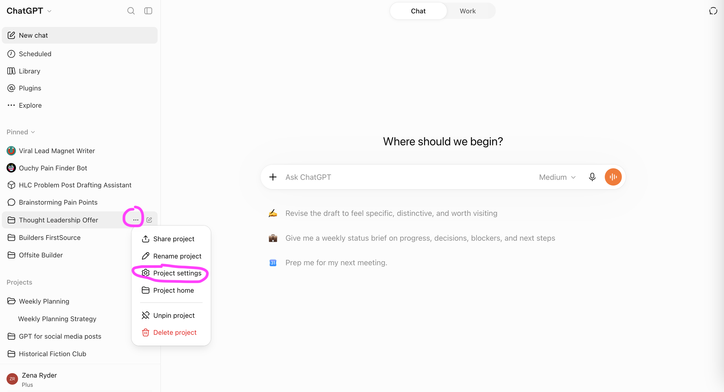 screenshot showing where to find project settings in ChatGPT.
