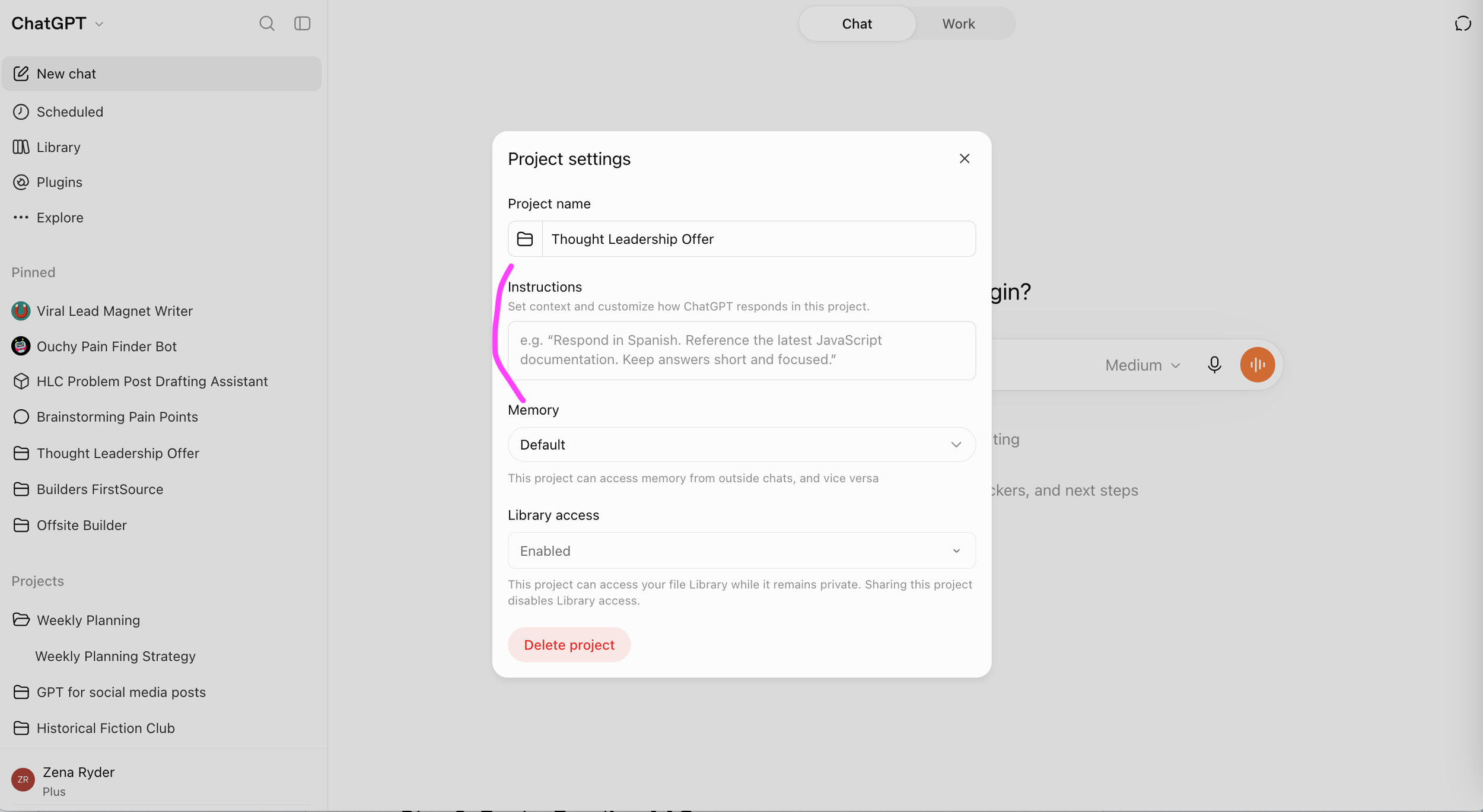 screenshot showing where to put instructions in a ChatGPT Project.