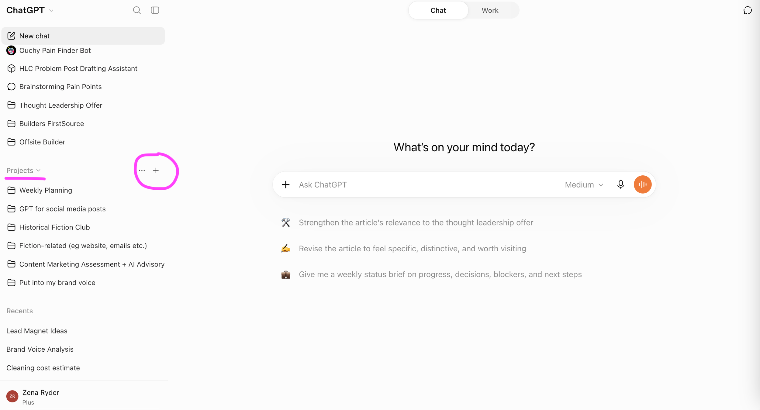 Screenshot of ChatGPT, showing plus sign to create a Project.