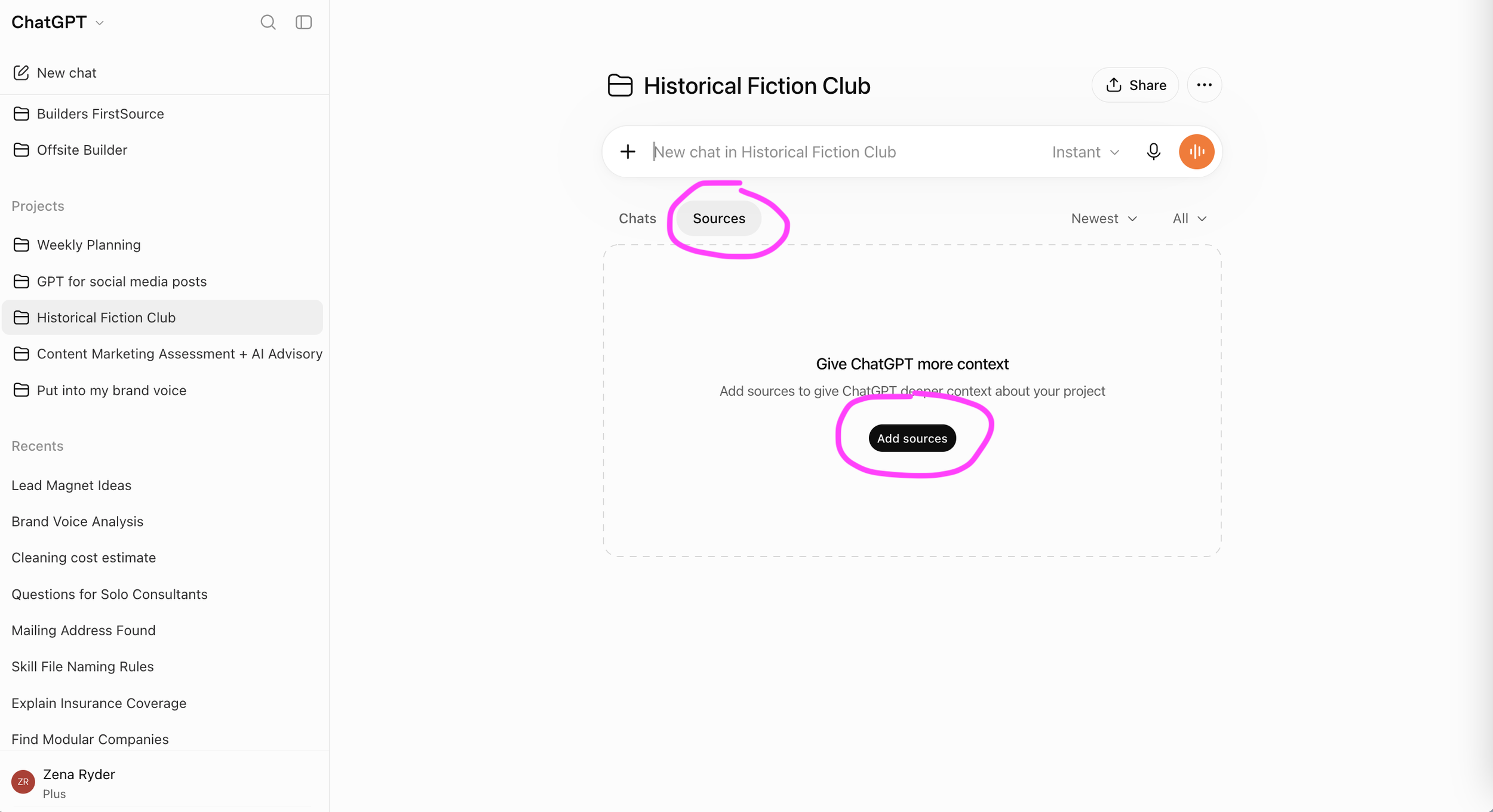 screenshot showing where to upload docs once inside a ChatGPT Project.