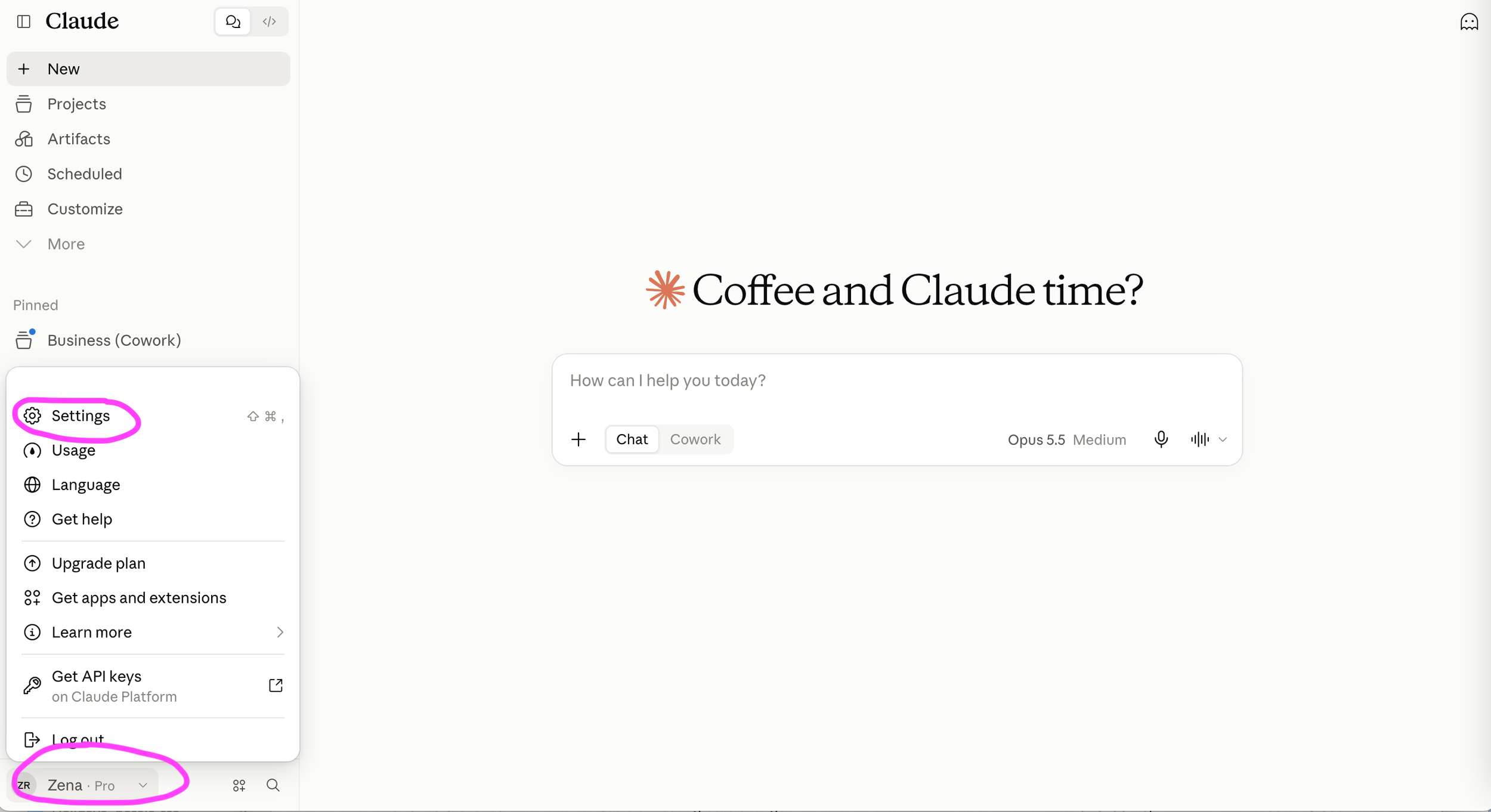 screenshot showing where to find settings in Claude.