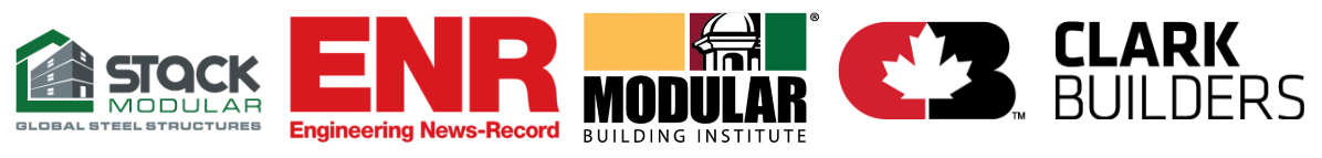 Row of construction, trade magazines, and modular construction logos: Stack Modular, ENR Engineering News-Record, Modular Building Institute, Clark Builders