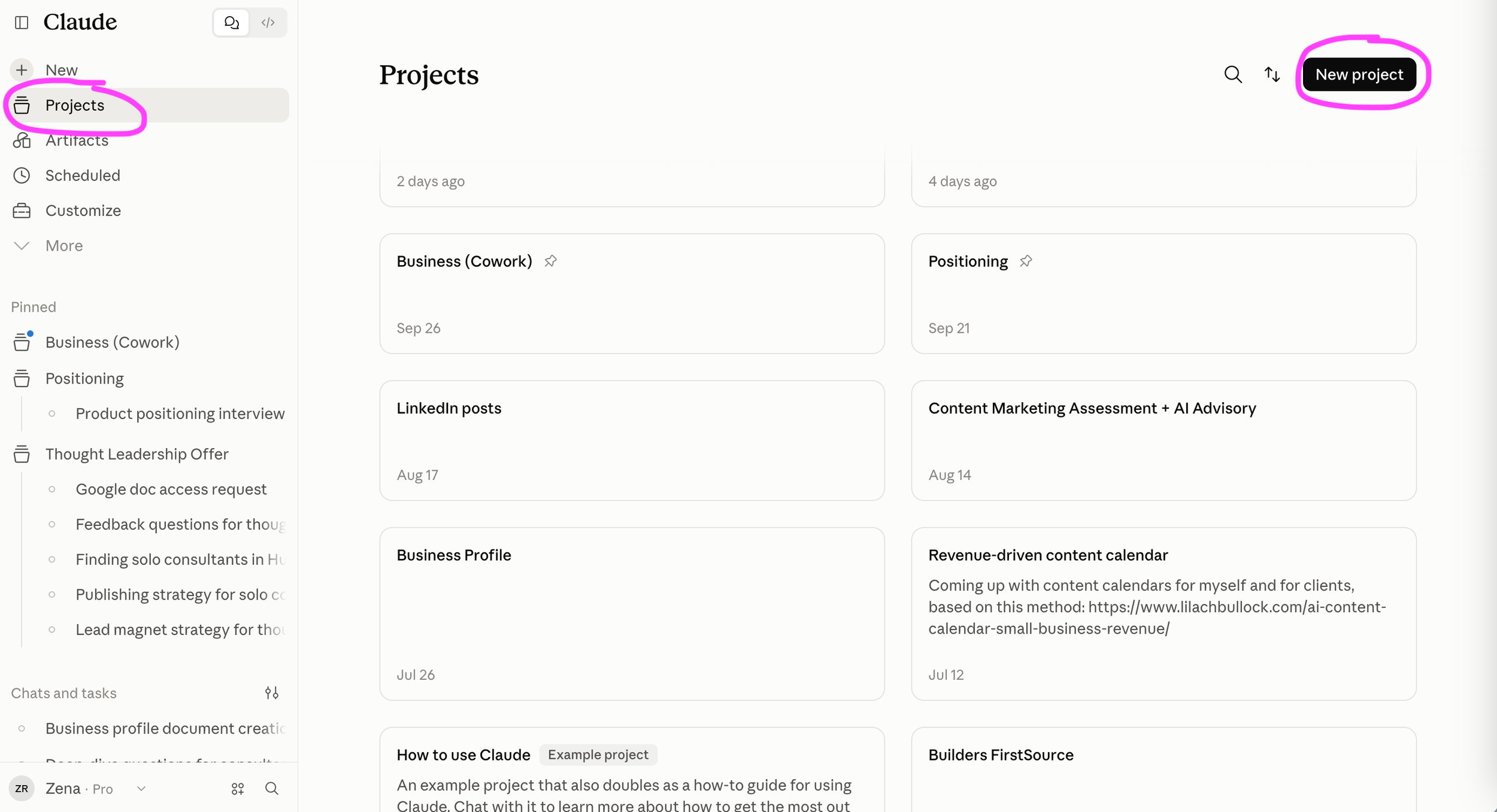 Claude Screenshot, showing where to find Projects.