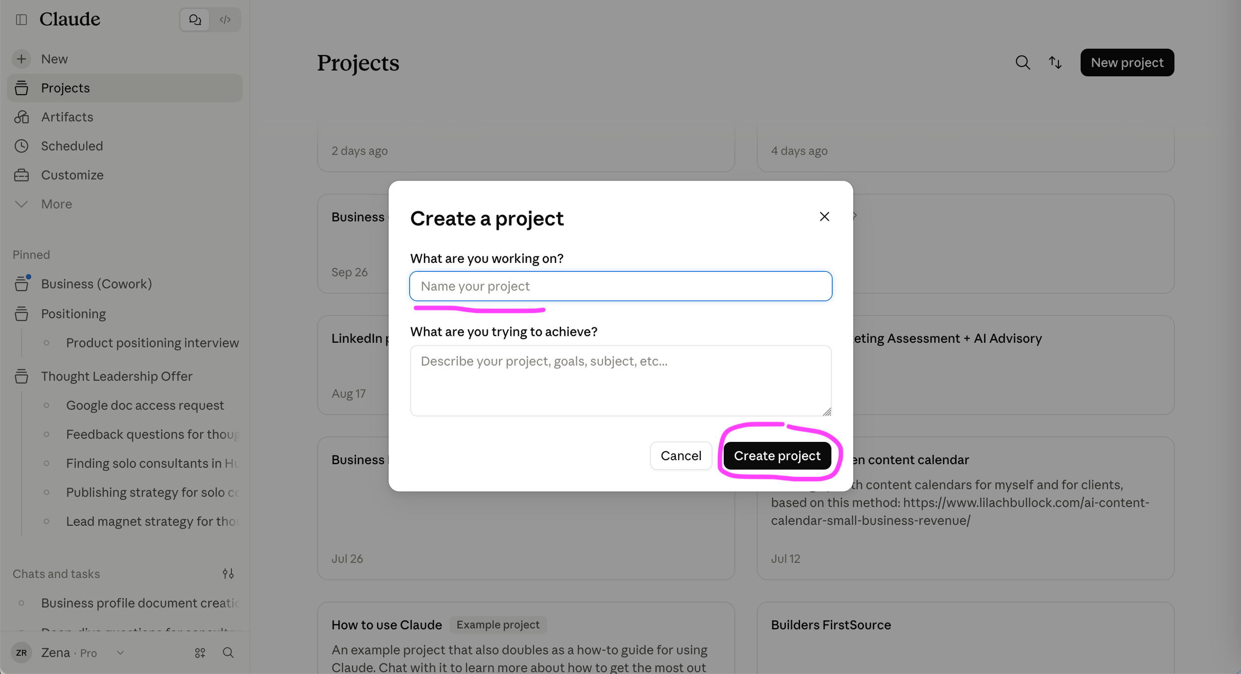 Claude screenshot showing where to name and create a Project.