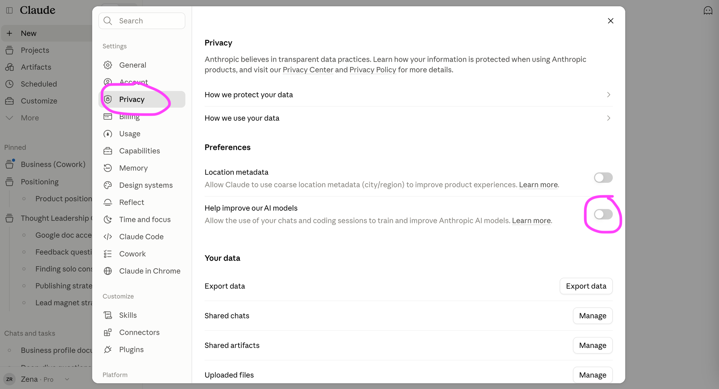 screenshot showing where to turn off data sharing in Claude.