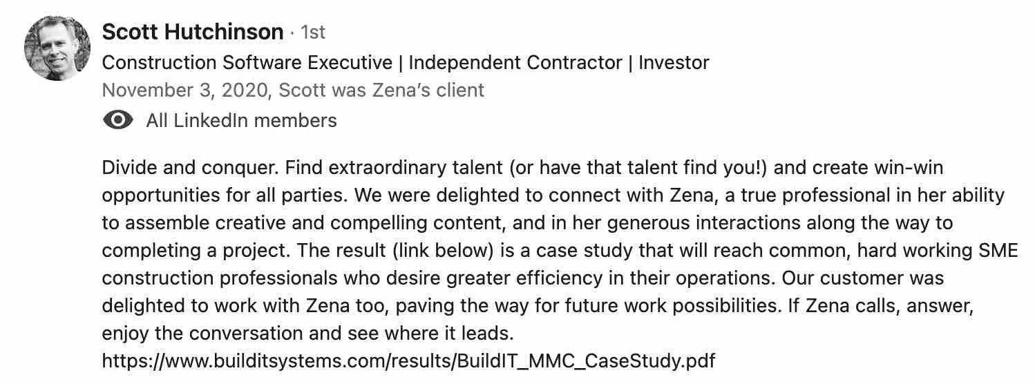 review says: Zena is a true professional in her ability to assemble creative and compelling content, and in her generous interactions along the way. Our customer was delighted to work with her too.