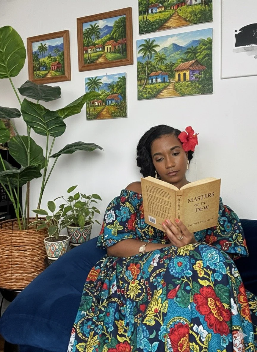 A woman with a red flower in her hair, wearing a colorful floral dress, sitting on a dark blue couch, reading a book titled "Masters of the Dew" by Jacqueline Rhoads, with framed landscape paintings and potted plants in the background.