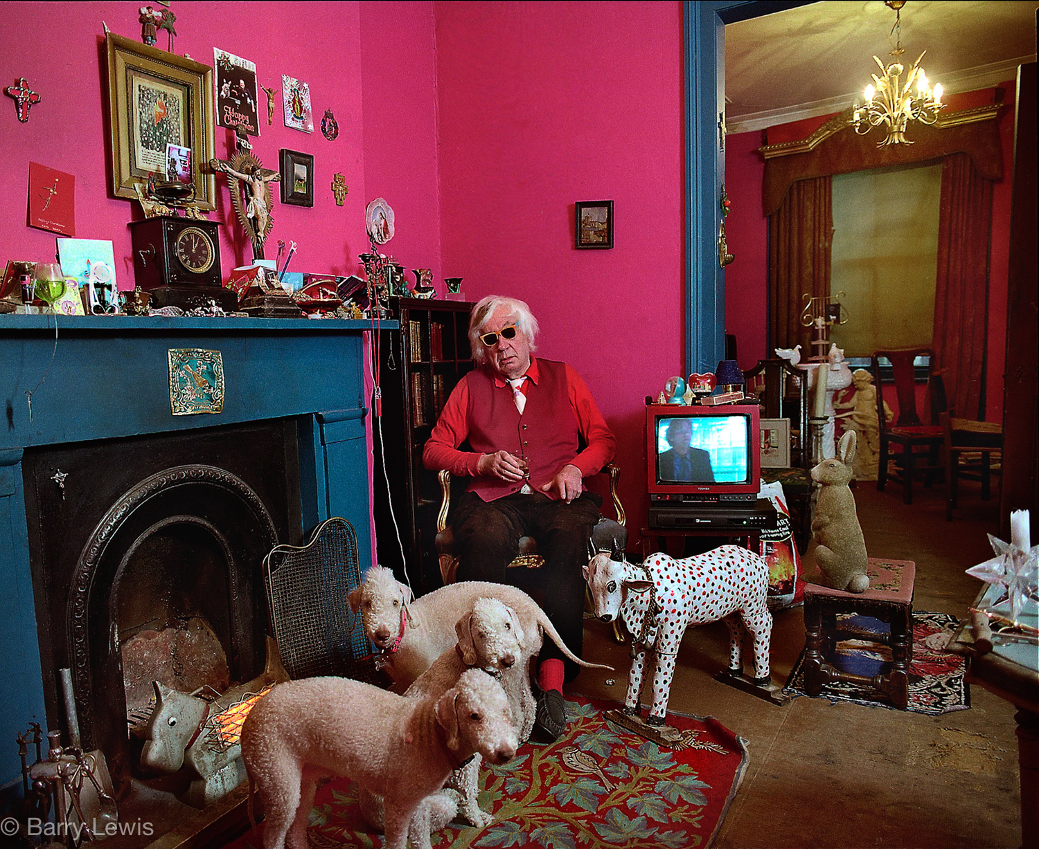  Artist Craigie Aitcheson in his London home and studio in 1999 with his adored Bedlington terriers. 