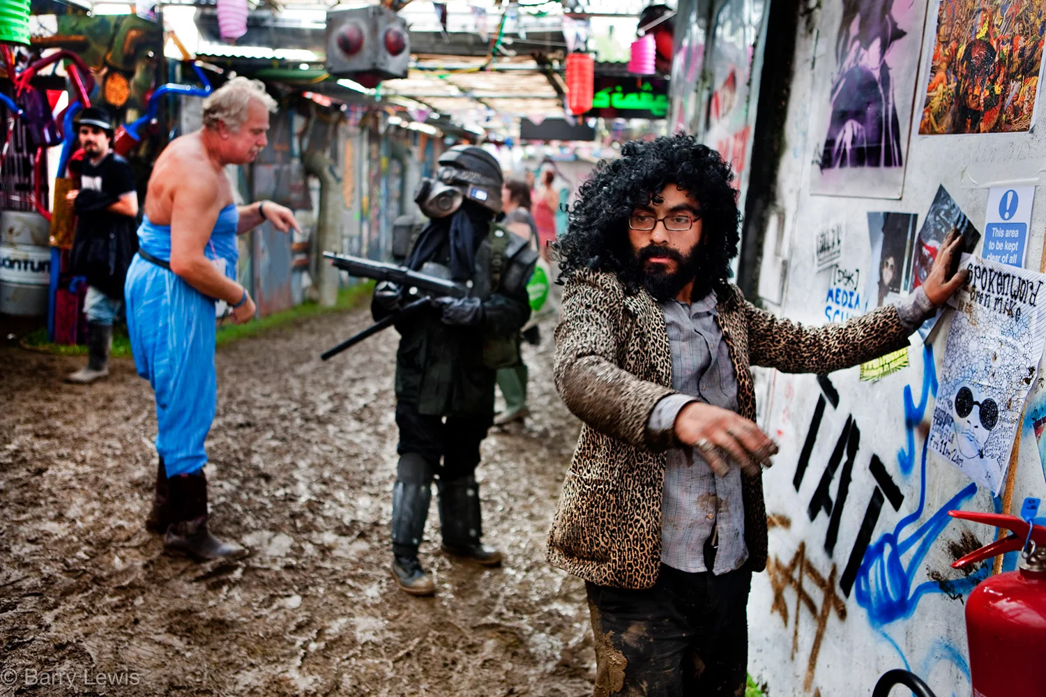 Confusion reigns in the alleyways of Shangri-La during the Glastonbury Festival, 2009, Somerset, United Kingdom
