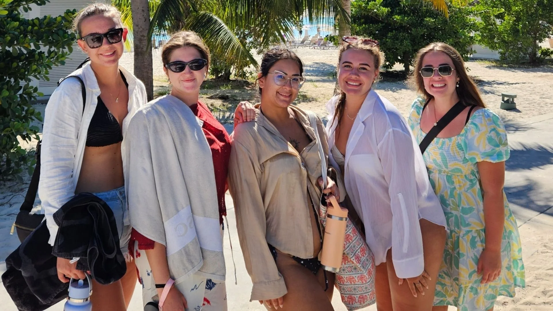 Five au pairs together at Ocean Cay in The Bahamas