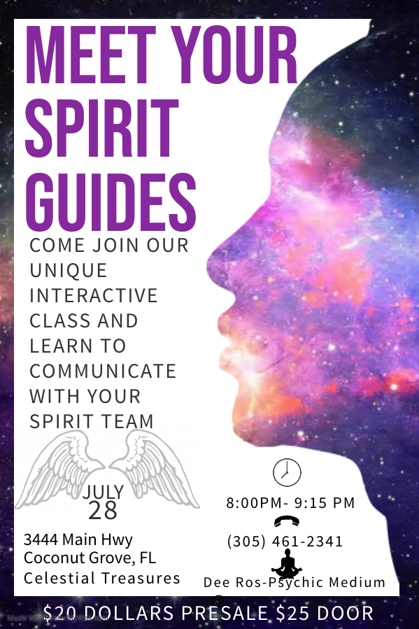 Ever wanted to know who your spirit guides are? And what they want to say to you? Now you have the opportunity! Celestial Treasures will be hosting a meet your spirit guide class guided by psychic medium Dee Ros. Expect a one of a kind experience full of interactive activities using crystals and cards to aid you along the way. This event is open to anyone who wants to start forming a deeper bond with their guides and the universe. Hope we see you Sunday, July 28th from 8:00- 9:15 PM Tickets are limited: Please call Celestial Treasures for more info. (305) 461-2341 TICKET LINK HERE —https://www.eventbrite.com/e/meet-your-spirit-guides-tickets-65365049623