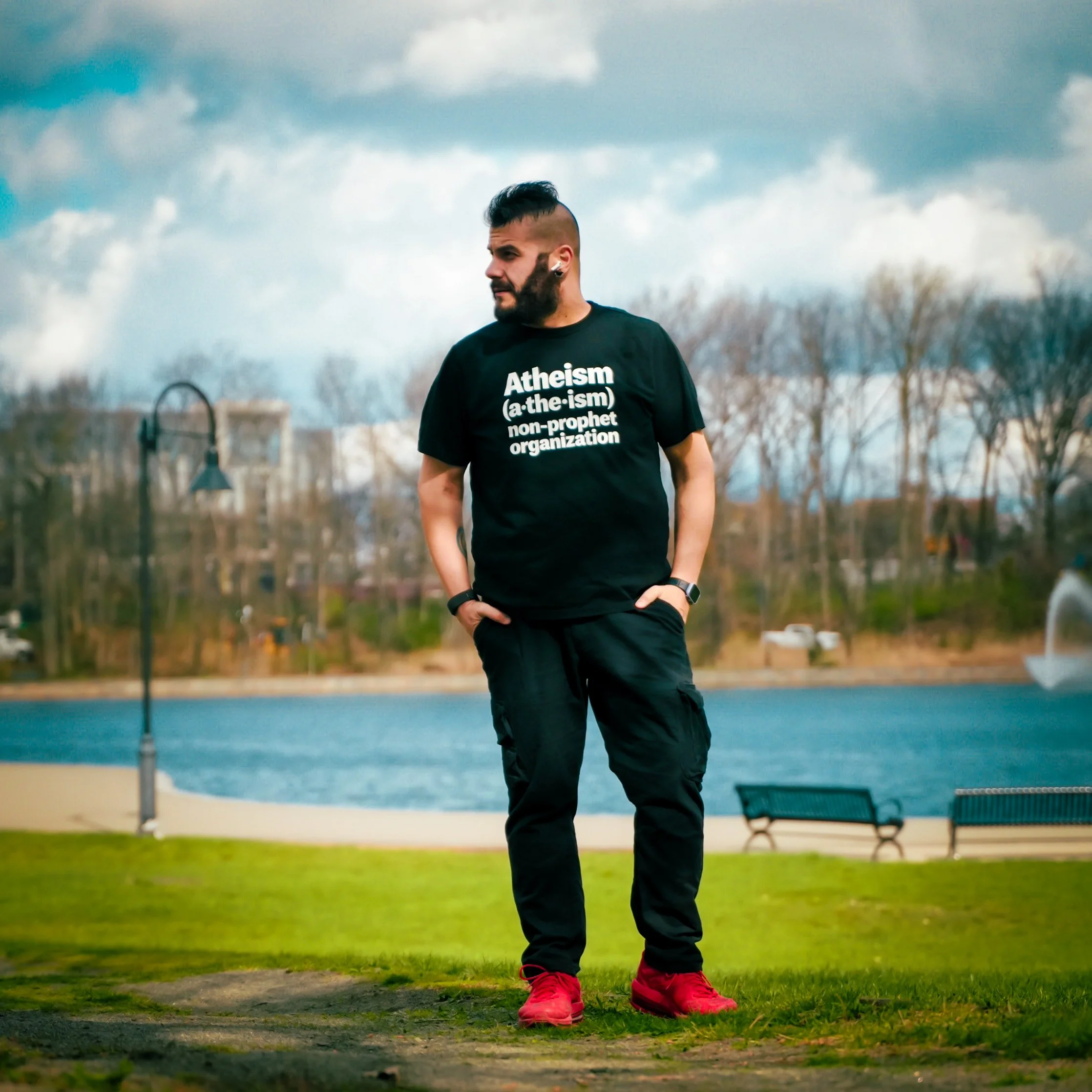 Atheism — Non-Prophet Organization — Funny Wordplay Tee | Black Unisex T-Shirt