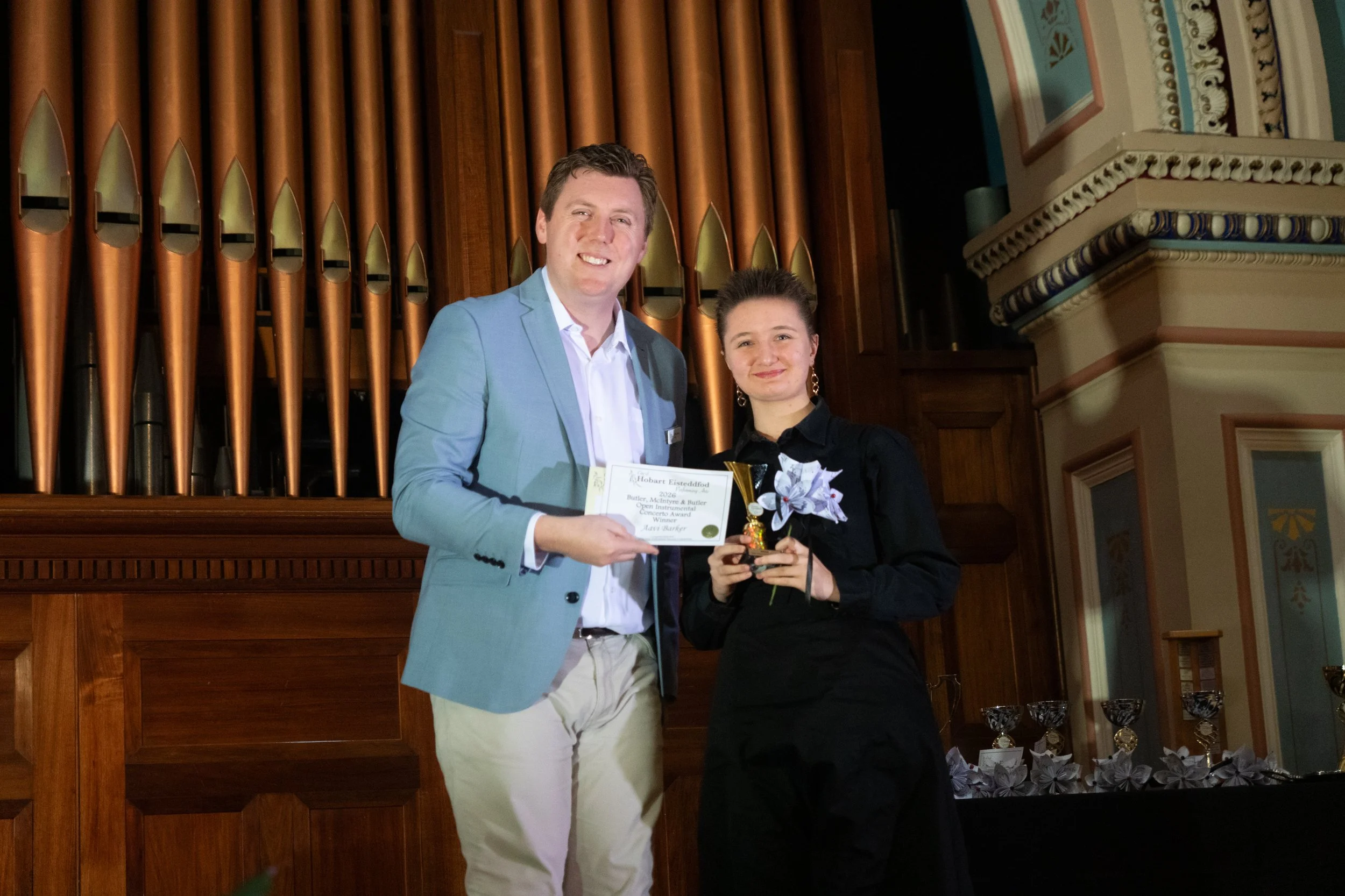The Butler, McIntyre &amp; Butler Open Instrumental Concerto winner, Aavi Barker with President, Mark Holmes.