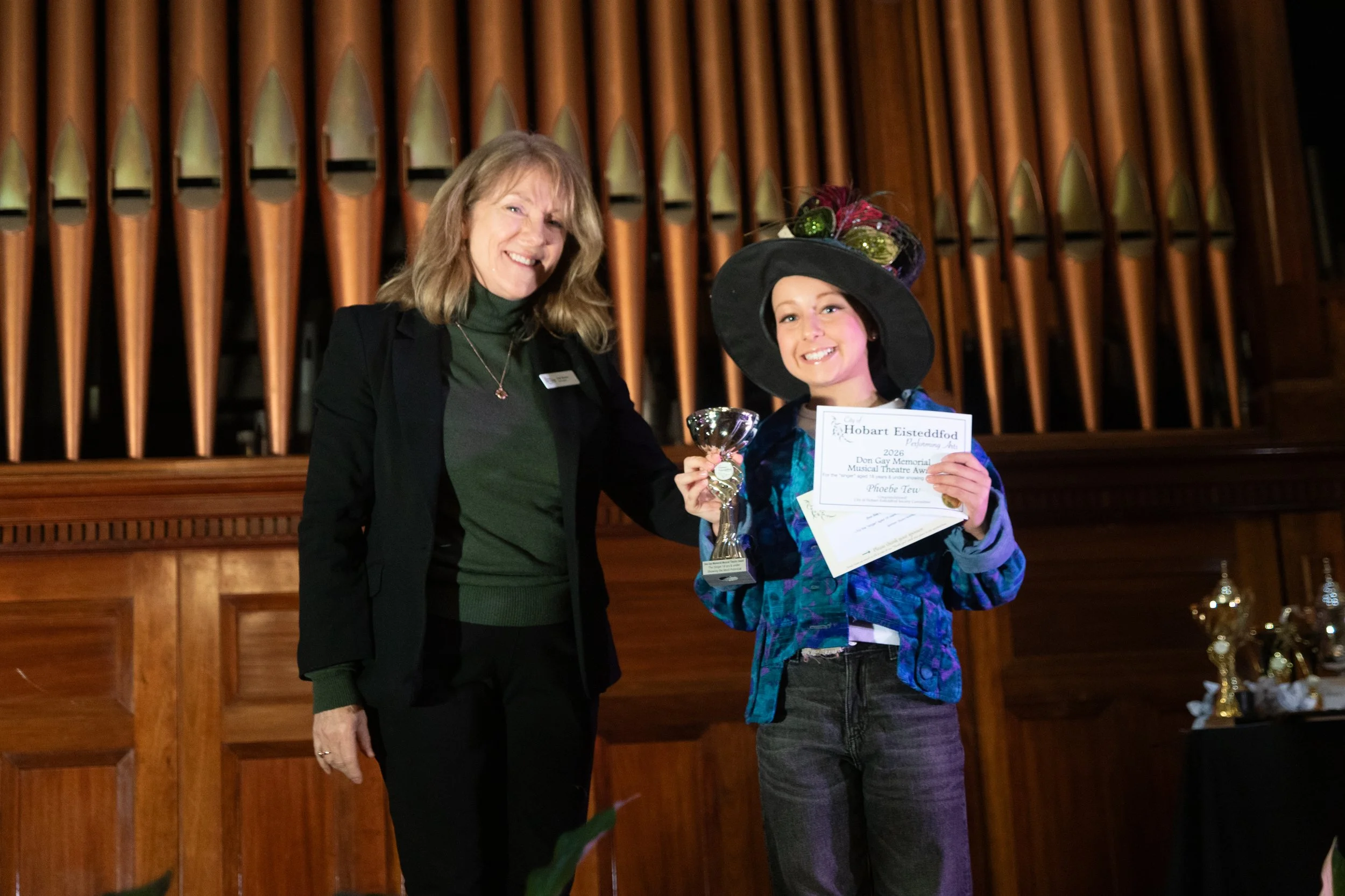 Don Gay Memorial Musical Theatre Award winner, Phoebe Tew with Vice President, Leiz Moore.