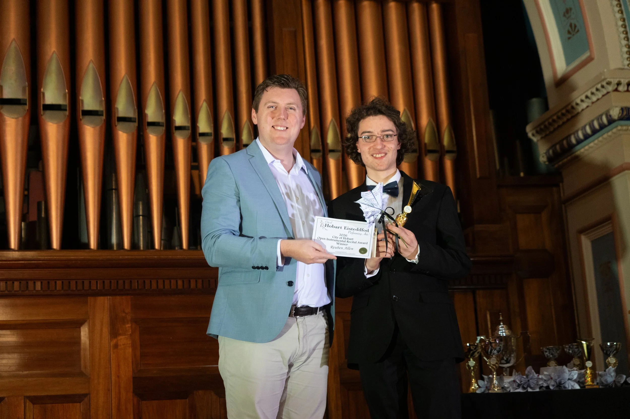 The City of Hobart Open Instrumental Recital winner, Reuben Allen with President, Mark Holmes