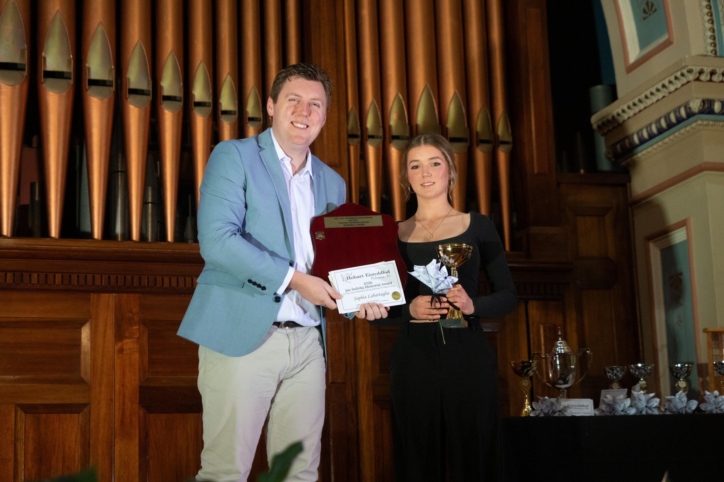 Celeste Thomsen (Quinn) Trophy &amp; Jan Sedivka Memorial Award winner Sophia Labattaglia with President, Mark Holmes.