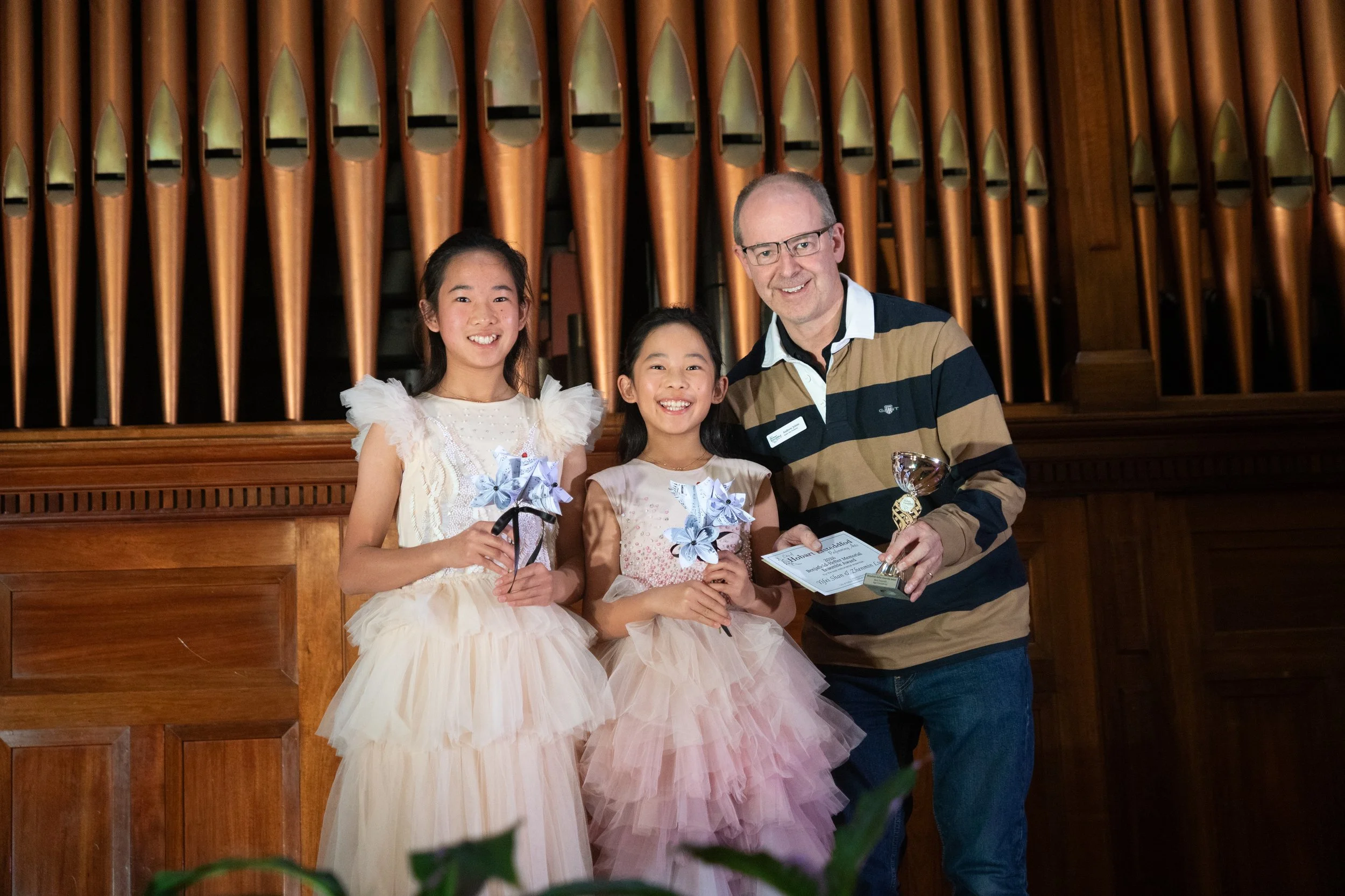 Benjafield-Hefter Memorial Ensemble Award winners, Yifei Shan &amp; Zhenmin Luo with Senior Vice President, Andrew Johns.
