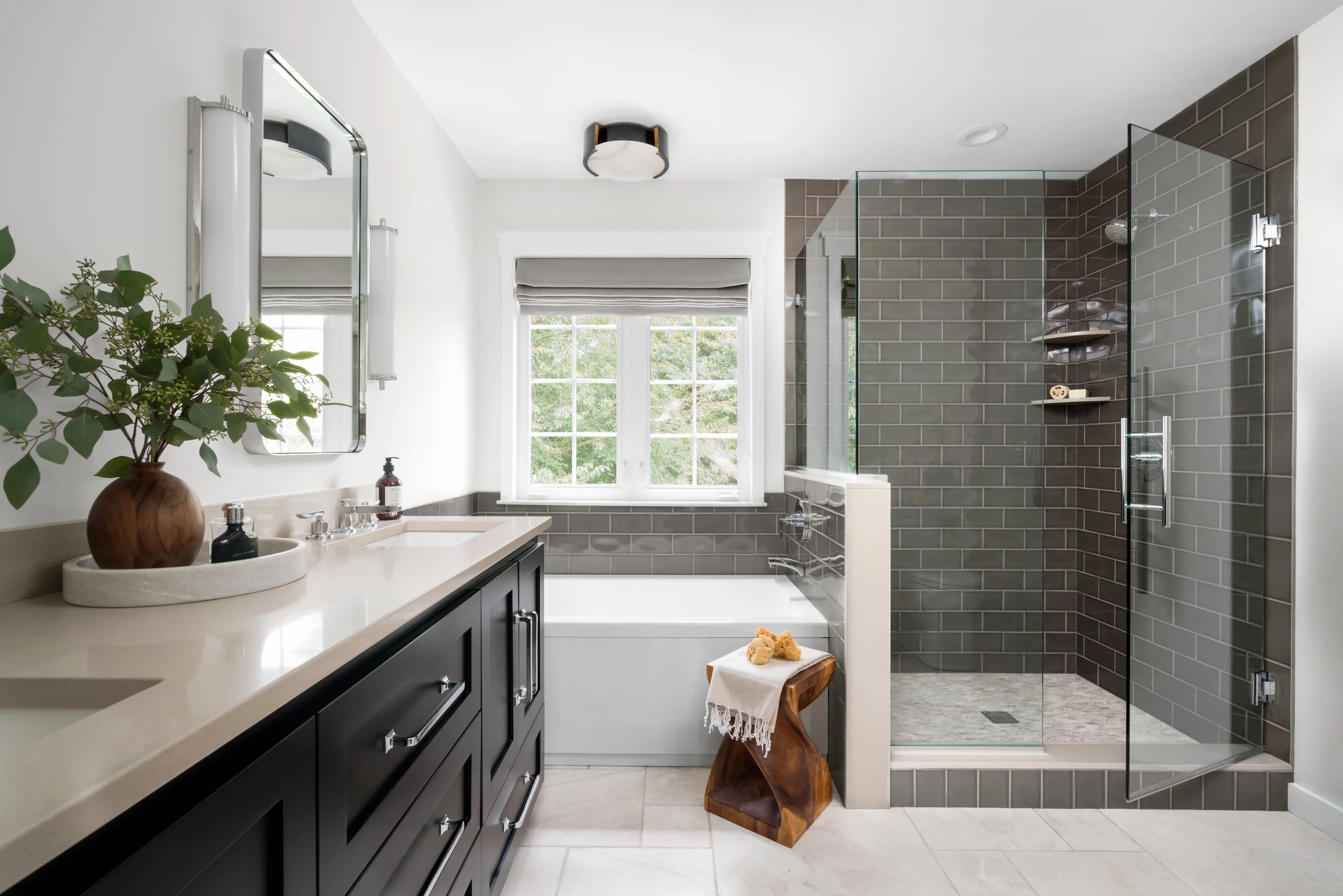 AFTER: Natural stone, tone-on-tone, spa-like master bathroom.