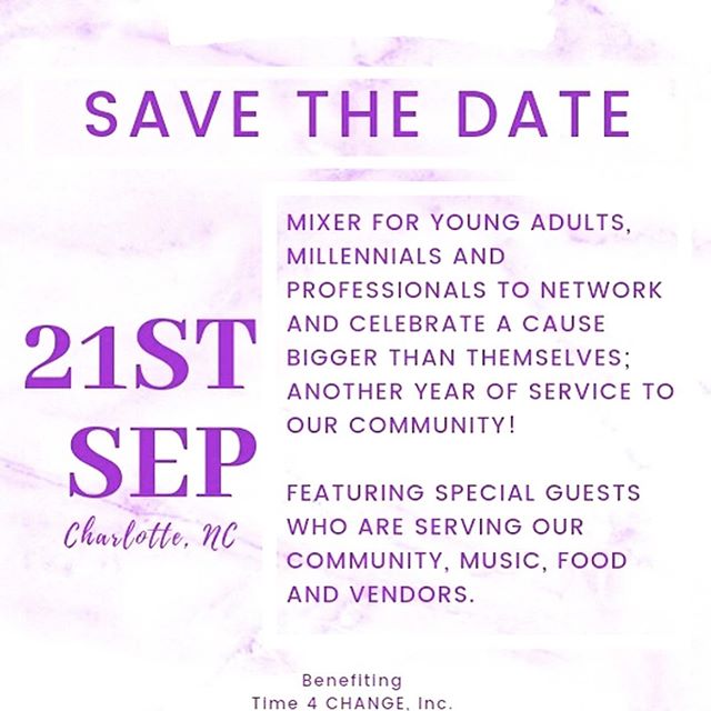 Come join us September 21st as we #PartyForPurpose! In celebrating 5 years of service @time4changeinc 
Mix &amp; mingle, enjoy a cash bar, food, raffles, &amp; vendors. 
Hosted by- @dearjania 
Music by- @tramarethedj 
Benefiting- @time4changeinc 
You