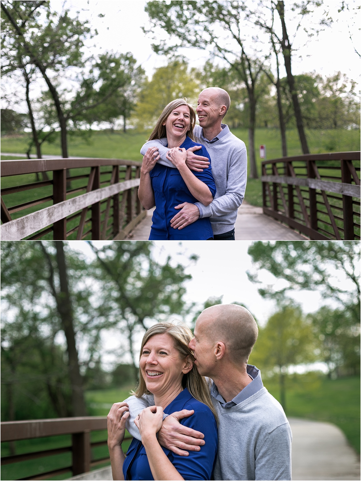 Engagement Photography Couple laughing together Heritage Park Bridge Olathe Kansas