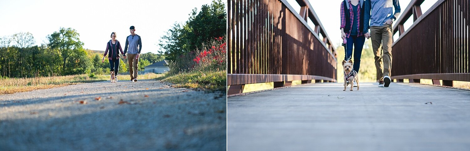 A Couple's Lifestyle Photography Session walking their dog at the bridge in Frank Anneberg Park, Manhattan, Kansas