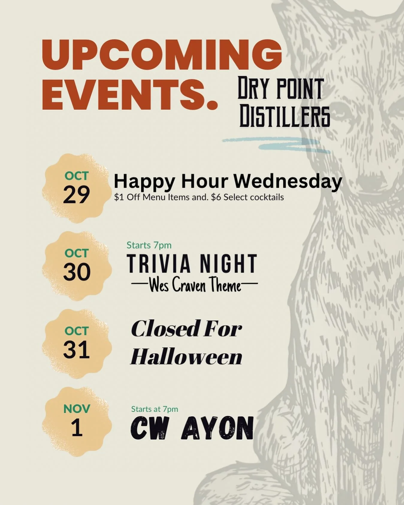 This week at Dry Point we have a few events coming up. Don&rsquo;t forget to try out the new Fall drinks on the menu!