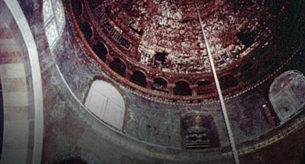  Detail of the painted dome of the Al Aqsa Mosque, Jerusalem, after the bomb and fire of 1969. Before restoration. 