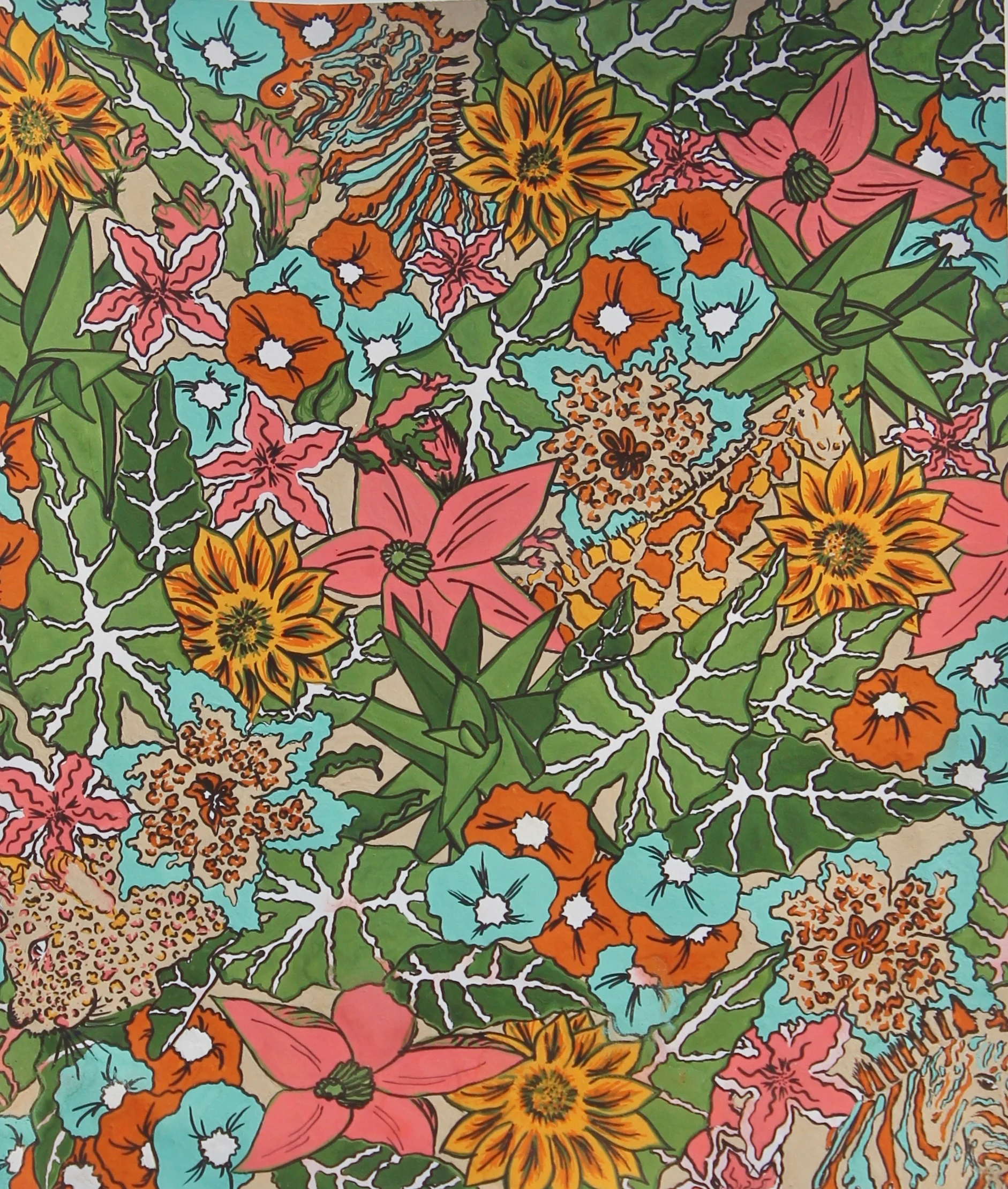 Safari Soiree | a playful take on a liberty floral with vivid color and animals. Windsor Newton Gouache and micron pens. 