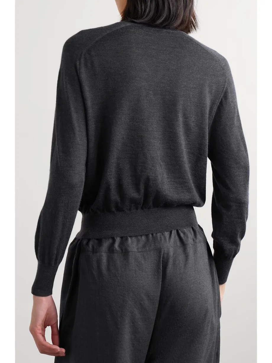 Plain Boxy Trimmed Cropped Fine Knit Sweater Thin Lightweight Organic Cashmere Jumper Classic Crewneck Knitwear Long Sleeve Round Neck Top Mongolia Cashmere