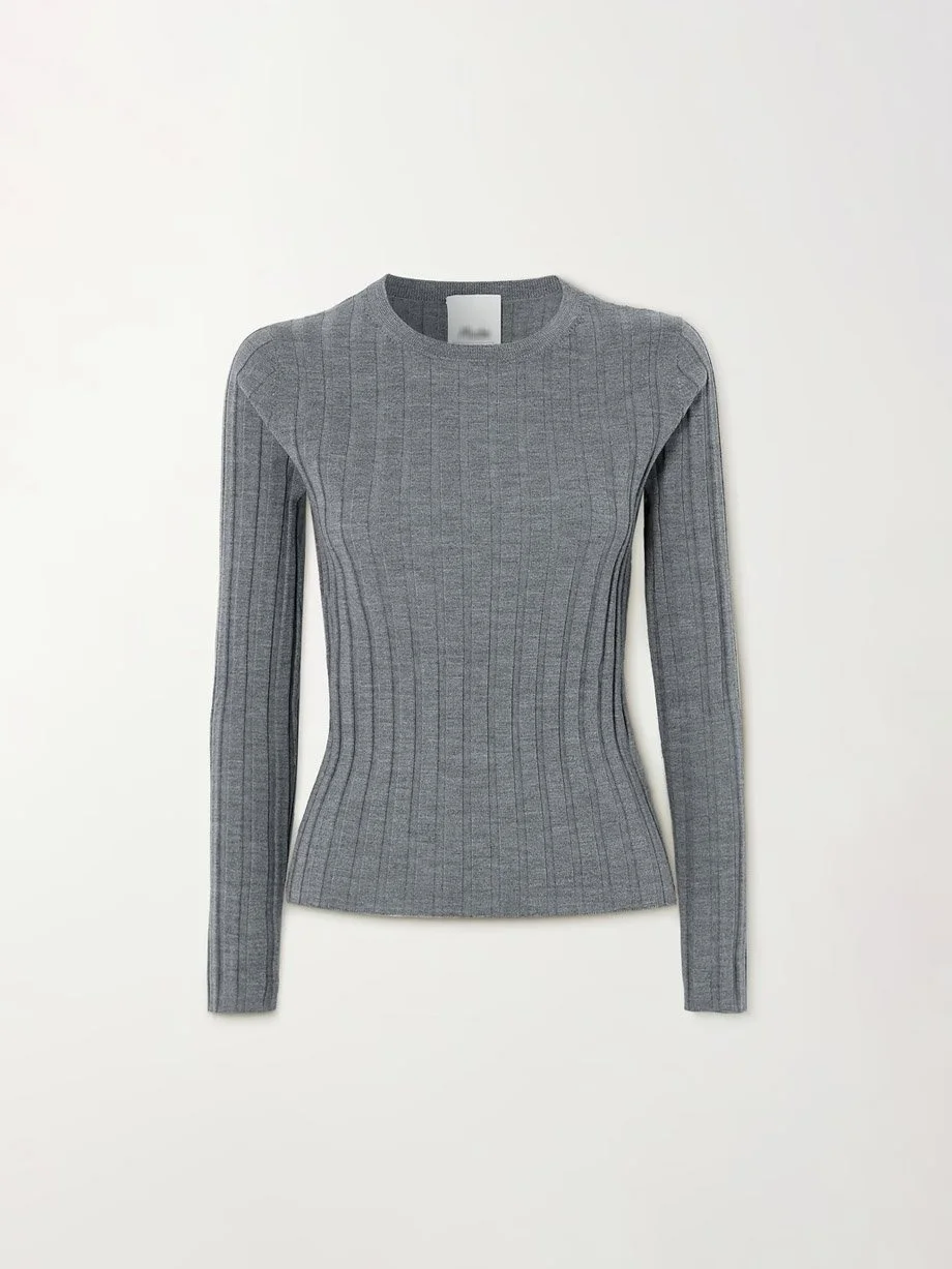 Wide-Rib Mock Neck Fitted Sweater Long sleeve rib knit crewneck