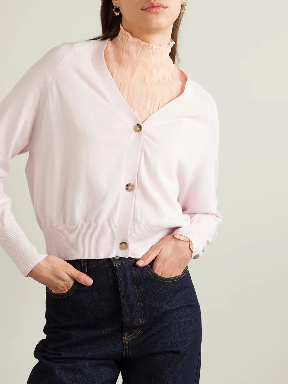 Fine Knit Pink Color Lightweight Button Ribbed Cardigan V